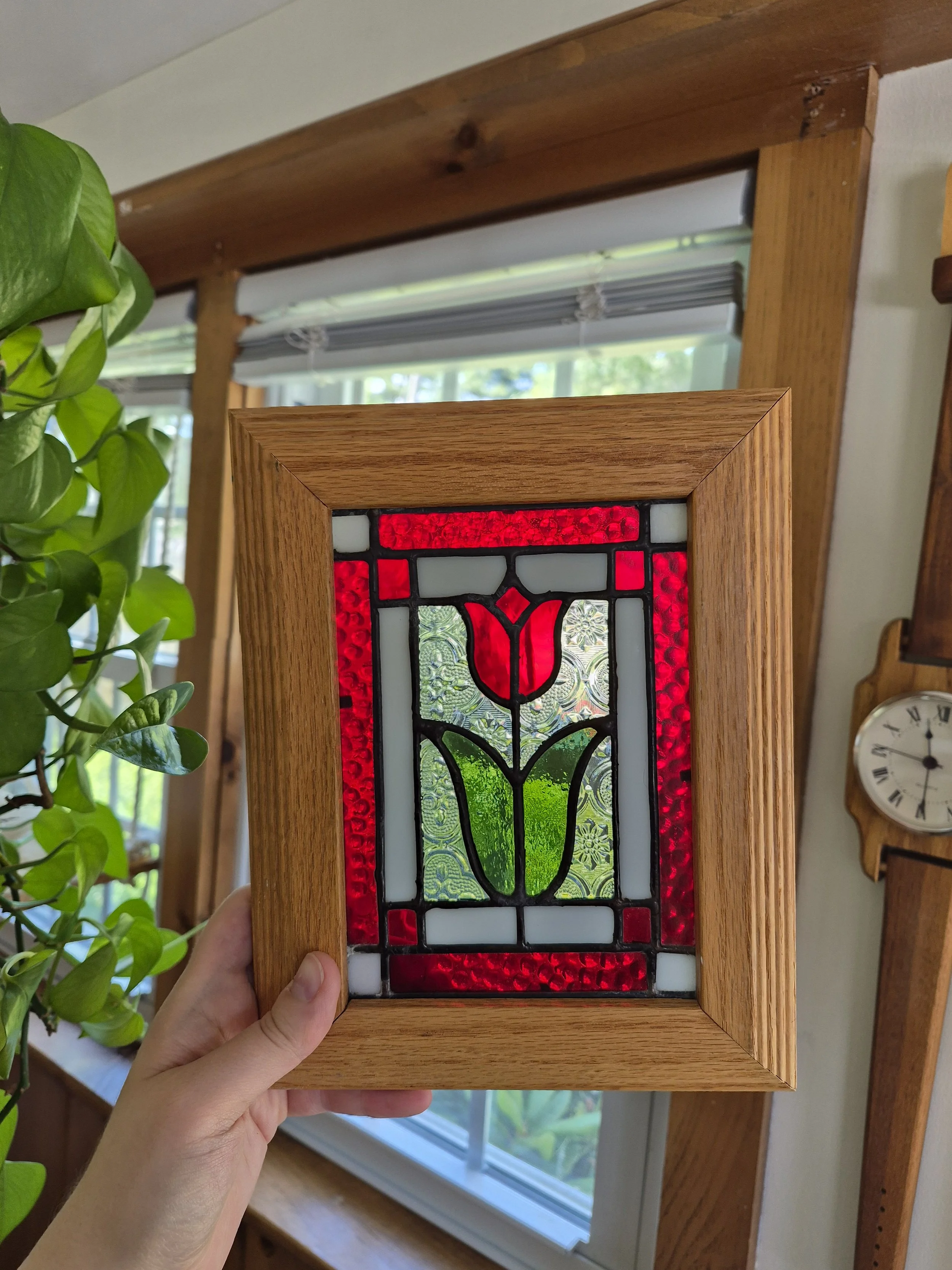 Red Tulip Stained Glass in Frame