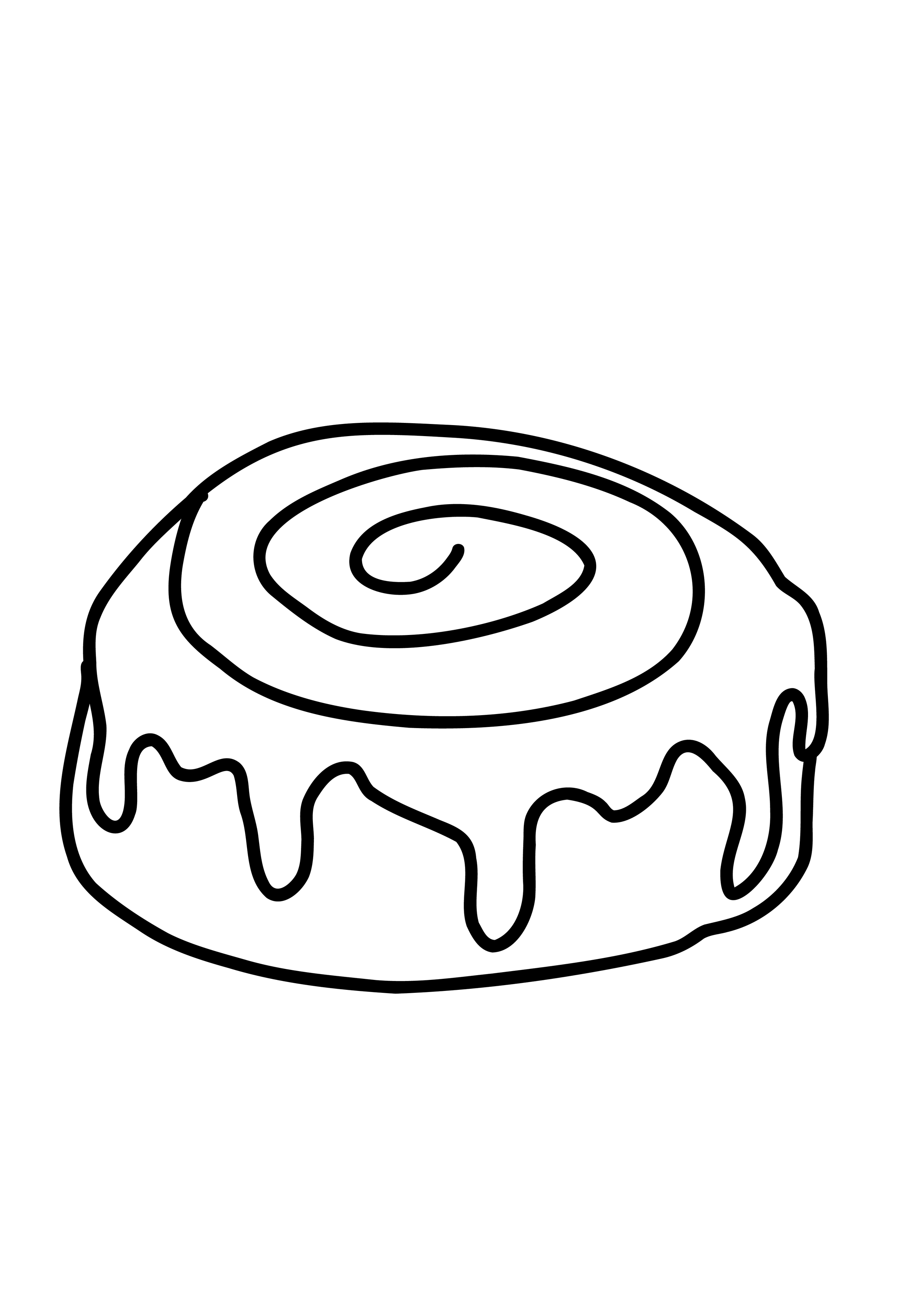 Black and white outline of a round cake with a swirl design on top and drips of icing on the sides.