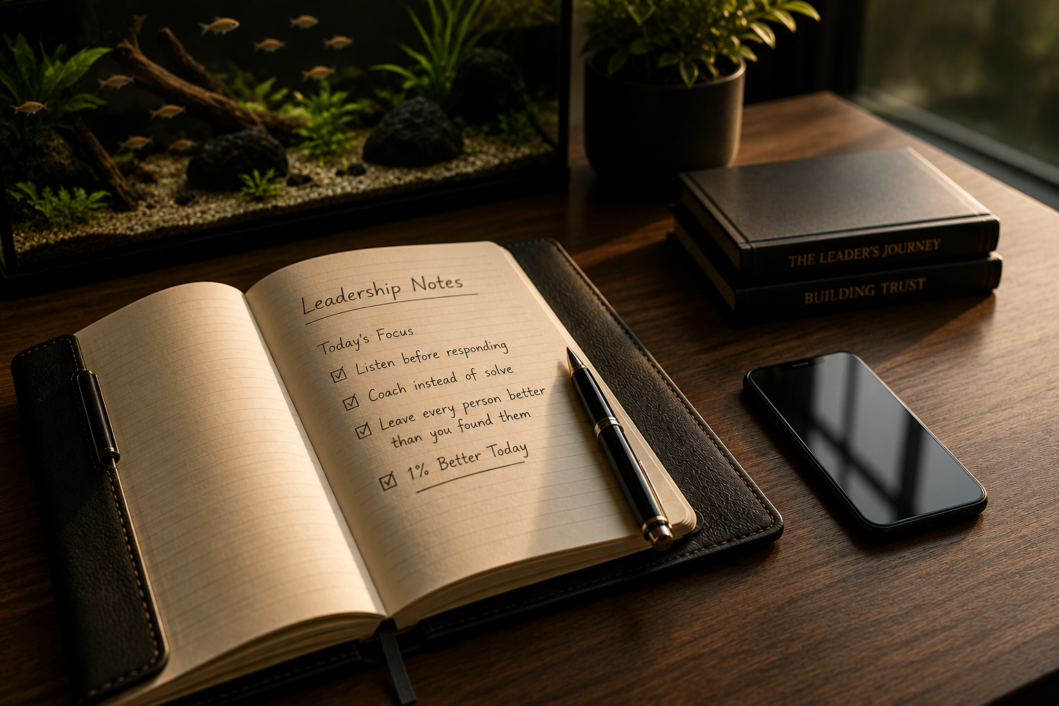 Open notebook titled 'Leadership Notes' with a pen resting on it, on a wooden desk. The notes include bullet points with checkmarks about leadership tips. Nearby are two black hardcover books titled 'The Leader's Journey' and 'Building Trust', a smartphone, and a small potted plant. A fish tank with aquatic plants and fish is in the background.