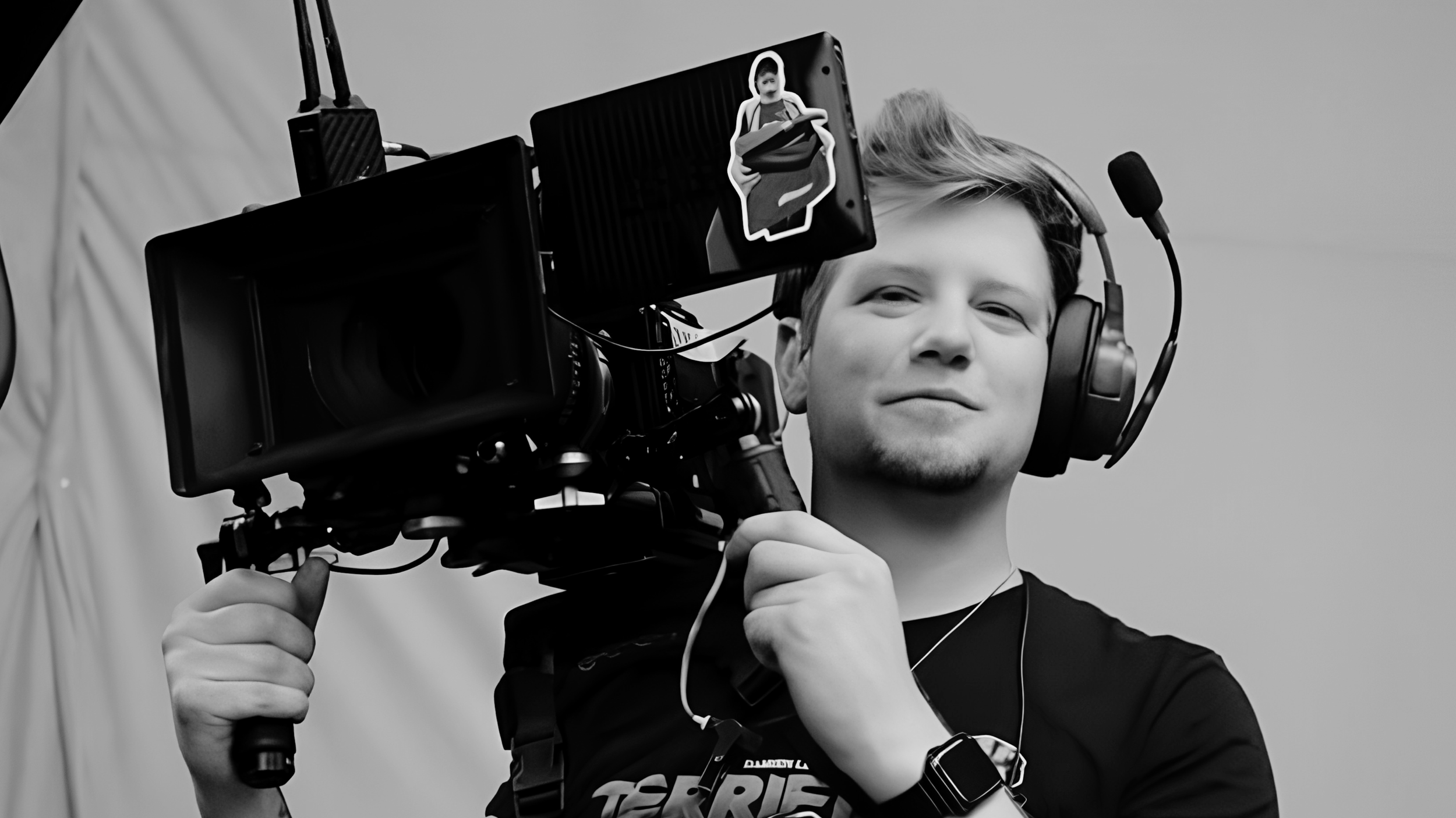 A young man with headphones holding a professional video camera, smiling slightly, with a sticker of a woman in a dress on the camera.