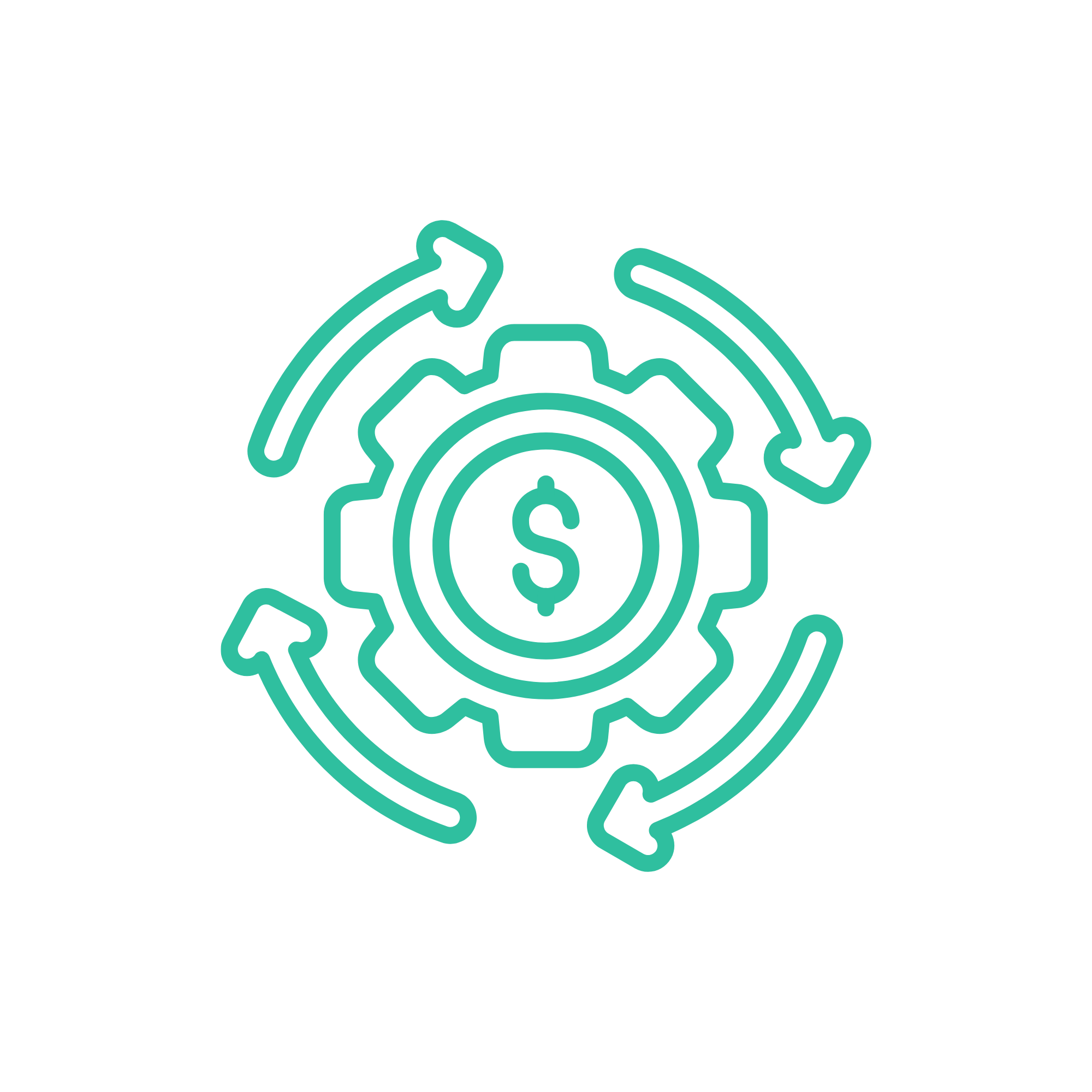Line drawing of overlapping gears with dollar sign in the center, an arrow encircling the gears, representing financial cycle or process.