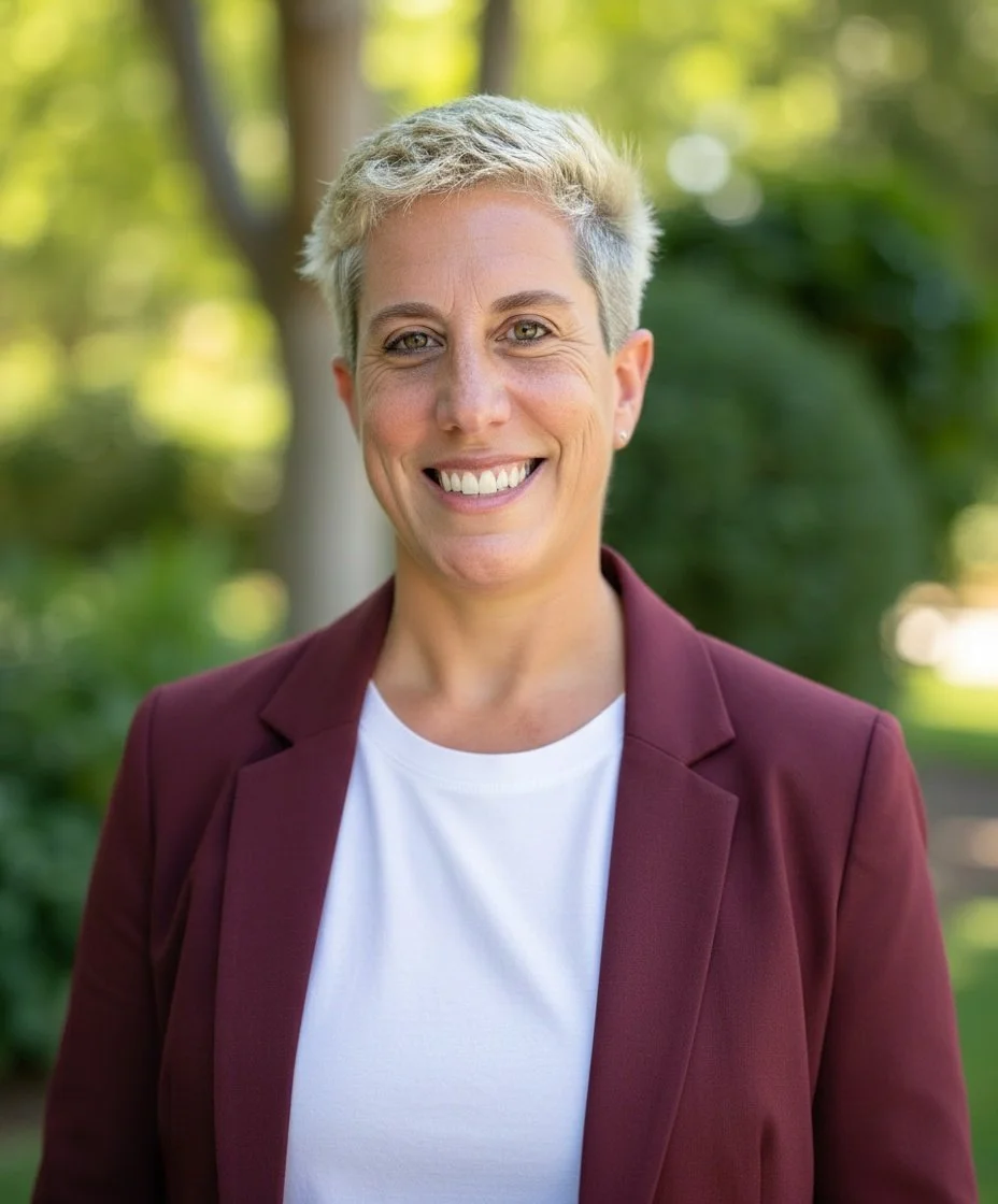 A smiling woman with short blonde hair, wearing a maroon blazer and white shirt, standing outdoors with green foliage and trees in the background.