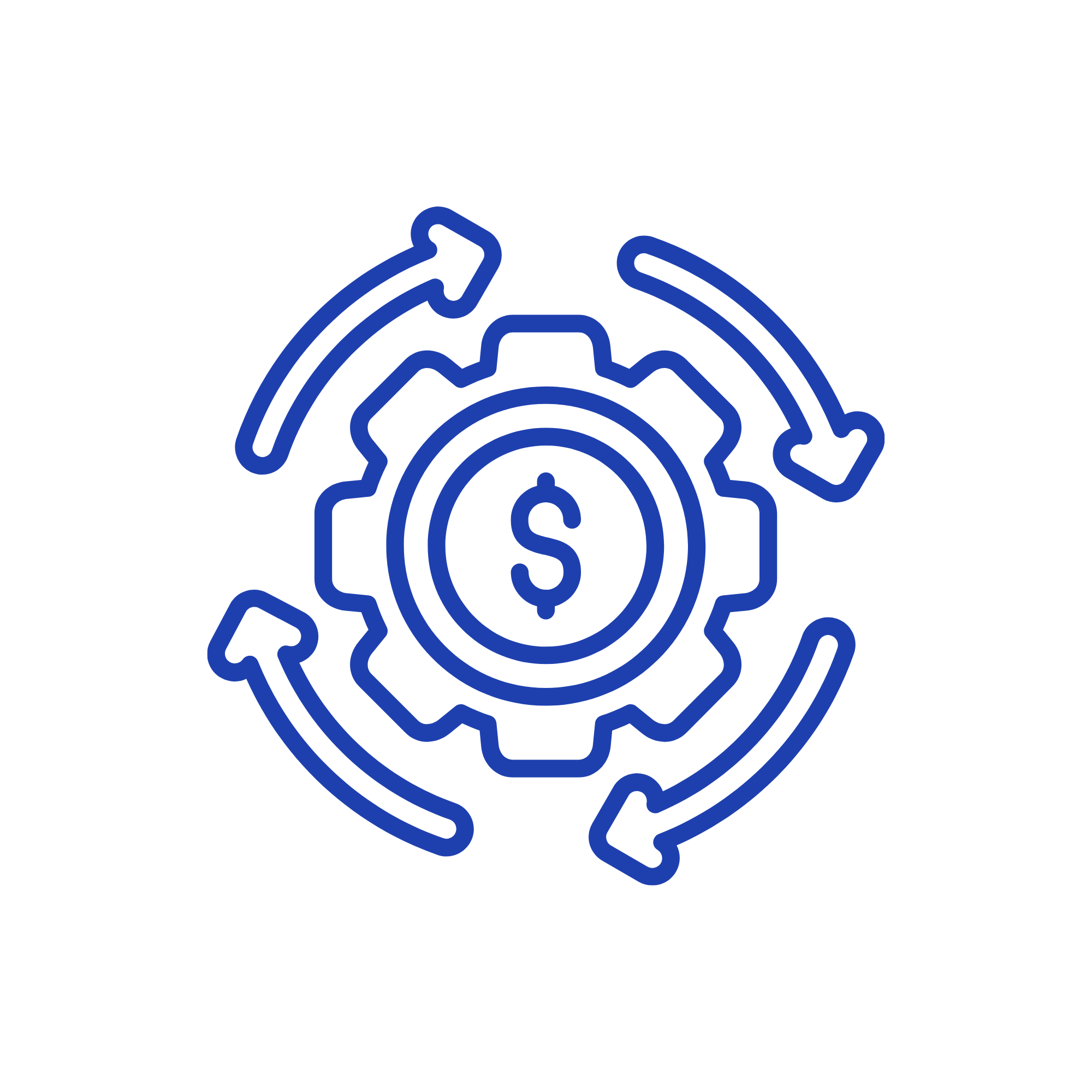 A graphic illustration of a dollar sign enclosed in a stylized gear with an arrow circling around it.
