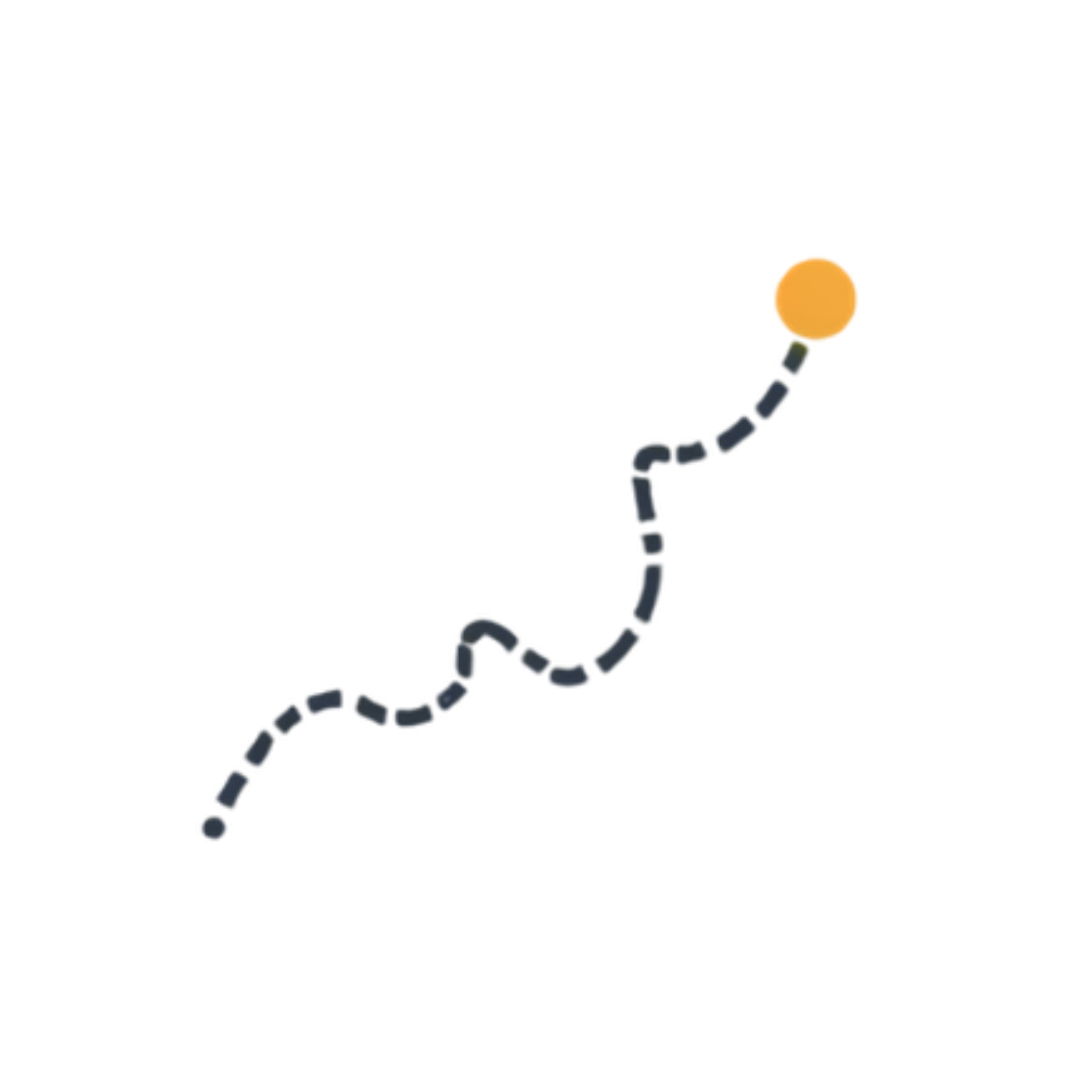 Illustration of a smiling sun in the sky over a dark minimalist landscape with dotted path leading to the horizon.