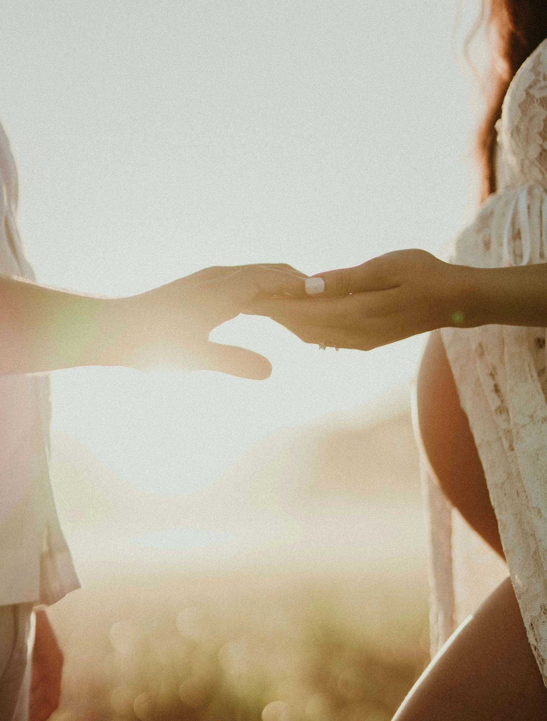 Two women in wedding dresses holding hands outdoors during sunset.