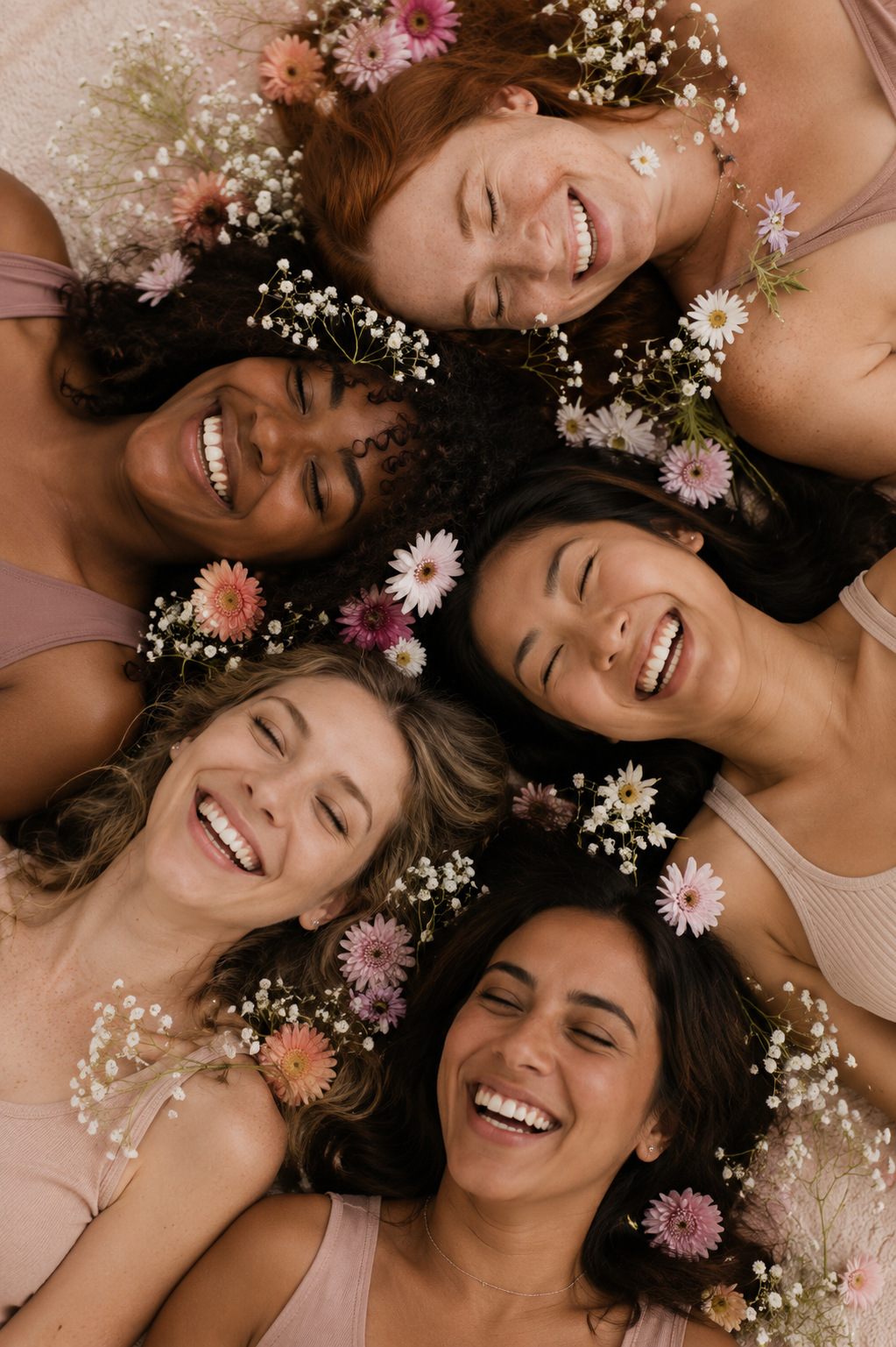 Six women lying on the floor in a circle, surrounded by flowers, smiling and laughing.