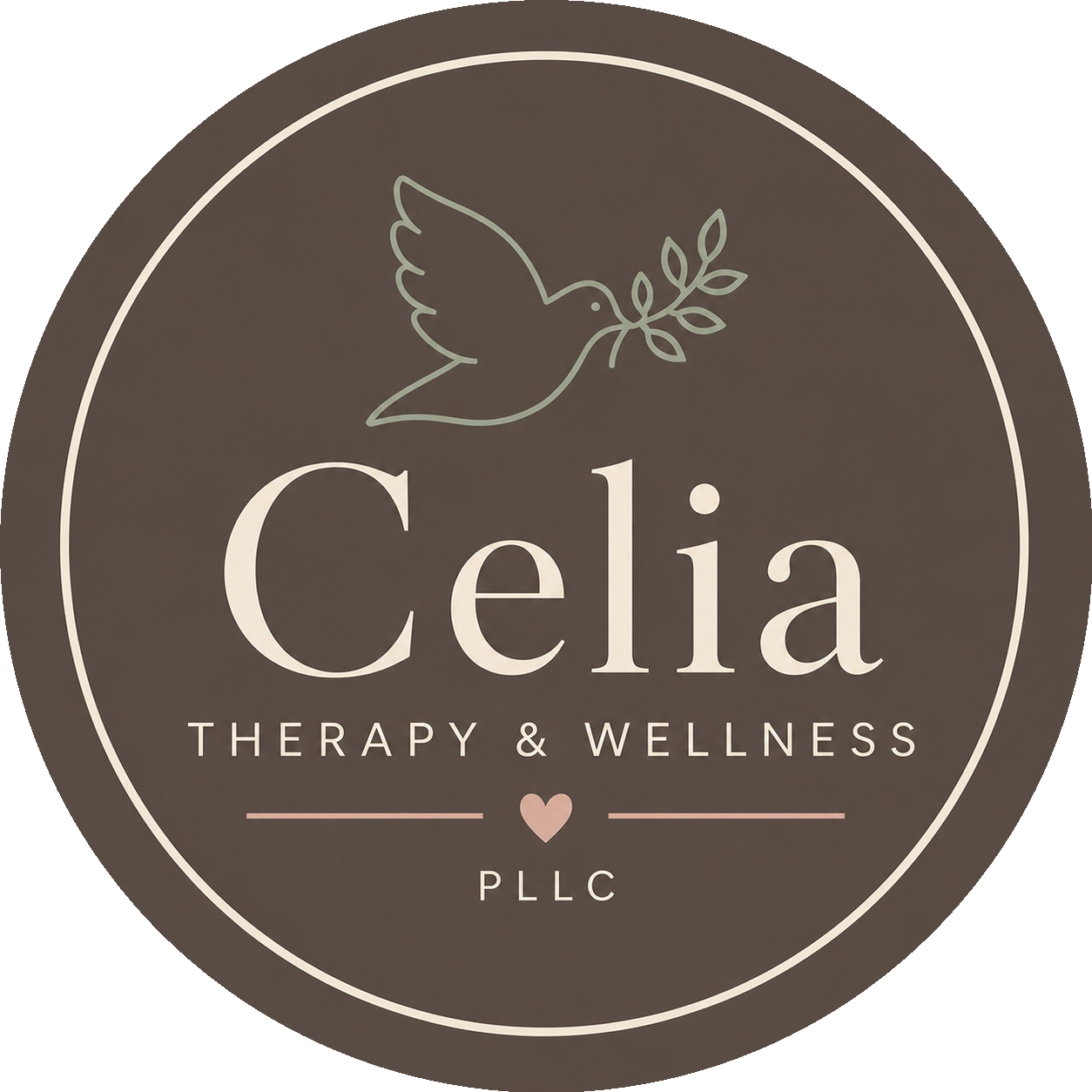 Logo for Celia Therapy & Wellness featuring a flying dove holding an olive branch, with the text 'Celia Therapy & Wellness PLLC' in a circular design on a gray background.