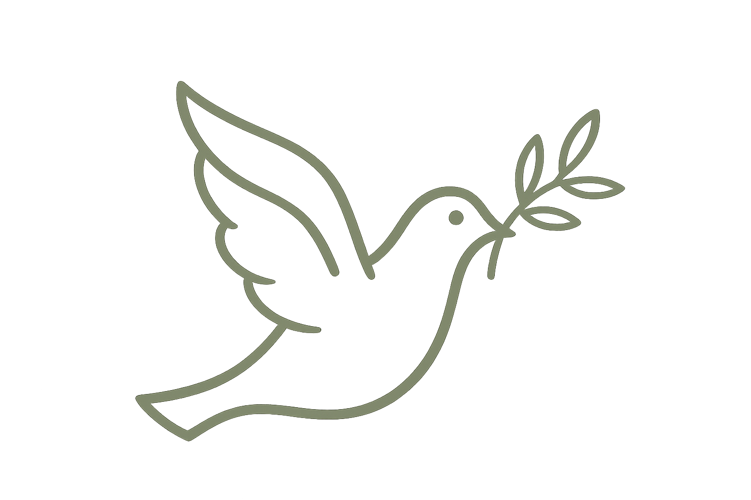 A minimalistic line drawing of a flying bird holding a leafy branch in its beak.