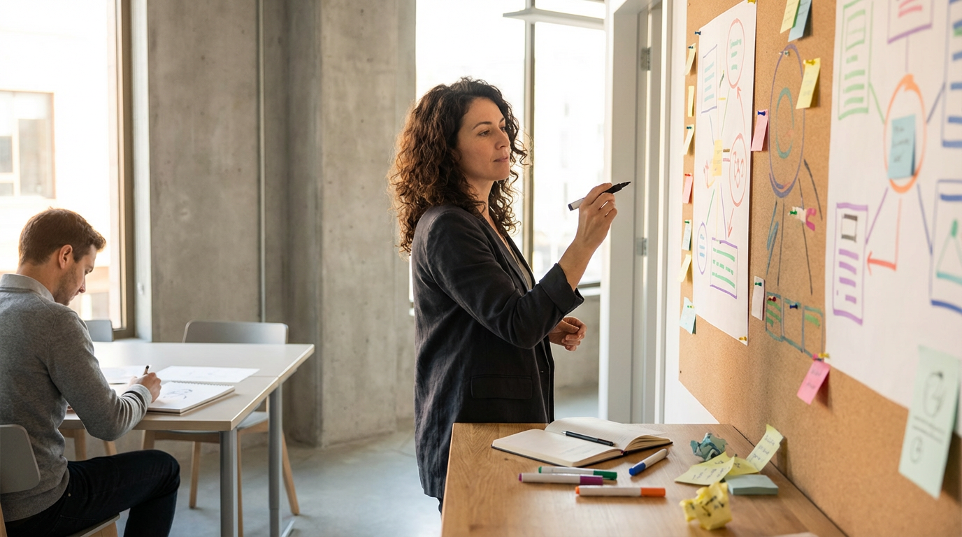 A woman with curly hair writing on a large corkboard filled with colorful notes and diagrams, while a man in a gray sweater sits at a table writing in a notebook in a modern office with natural light.