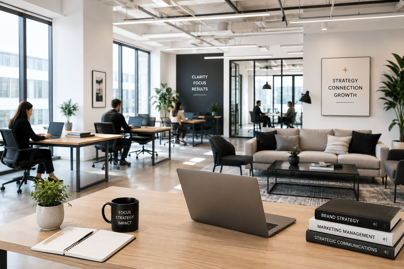 Modern office space with four employees working on laptops at desks, a sitting area with a sofa and chairs, and large windows letting in natural light. The workspace has motivational posters on the walls with words like 'Clarity, Focus, Results' and 'Strategy, Connection, Growth.' There are books on branding, marketing, and communications on a table, and a notebook and a mug with 'Focus, Strategy, Impact' written on them on a nearby desk.