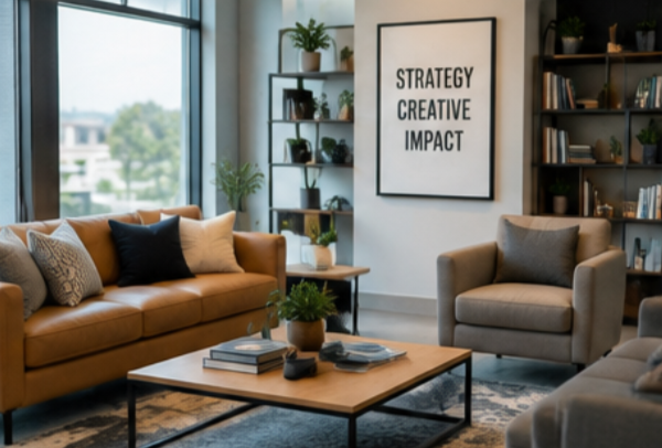 Modern office or living room with a large window, a tan sofa with pillows, a gray armchair, a coffee table with books and decor, a black framed poster on the wall reading 'Strategy, Creative, Impact,' and shelves with plants and books.