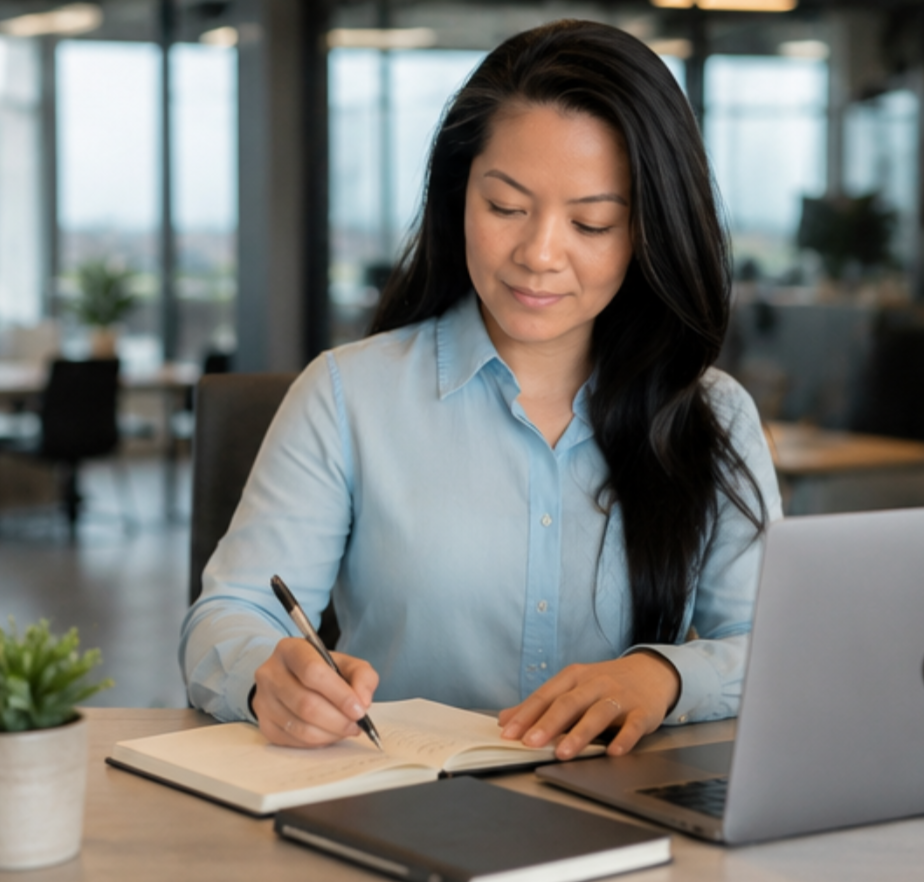 A woman sitting at a desk, writing in a notebook with a laptop open next to her, in a modern office setting.