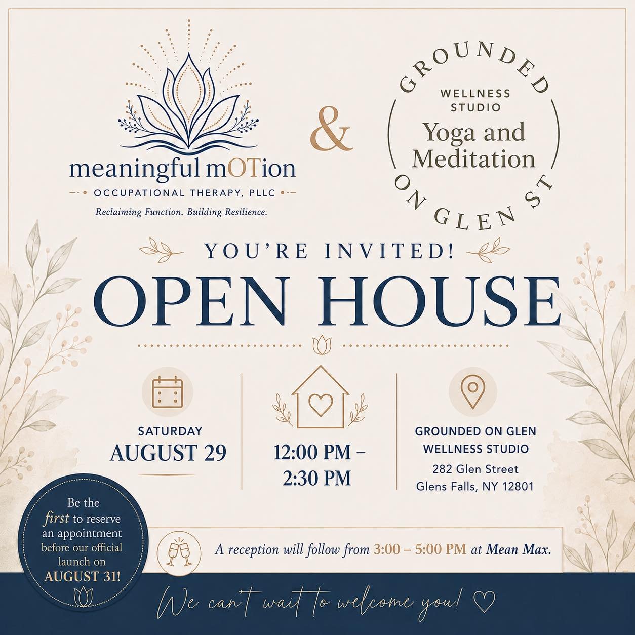 🌿 You&rsquo;re Invited! 🌿

We&rsquo;re excited to celebrate a new partnership as Meaningful Motion Occupational Therapy, PLLC officially opens inside Grounded on Glen Wellness Studio!

Join us for an afternoon of connection, community, and wellness