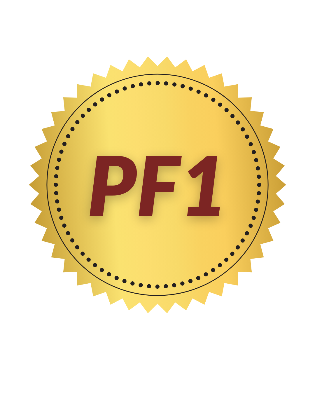 Gold badge with black dotted outline, displaying the text 'PF1' in red