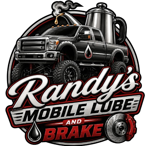A logo for Randy's Mobile Lube and Brake featuring a lifted black truck with a coffee pot and steam, and automotive elements like a brake disc and drip oil, with stylized text.