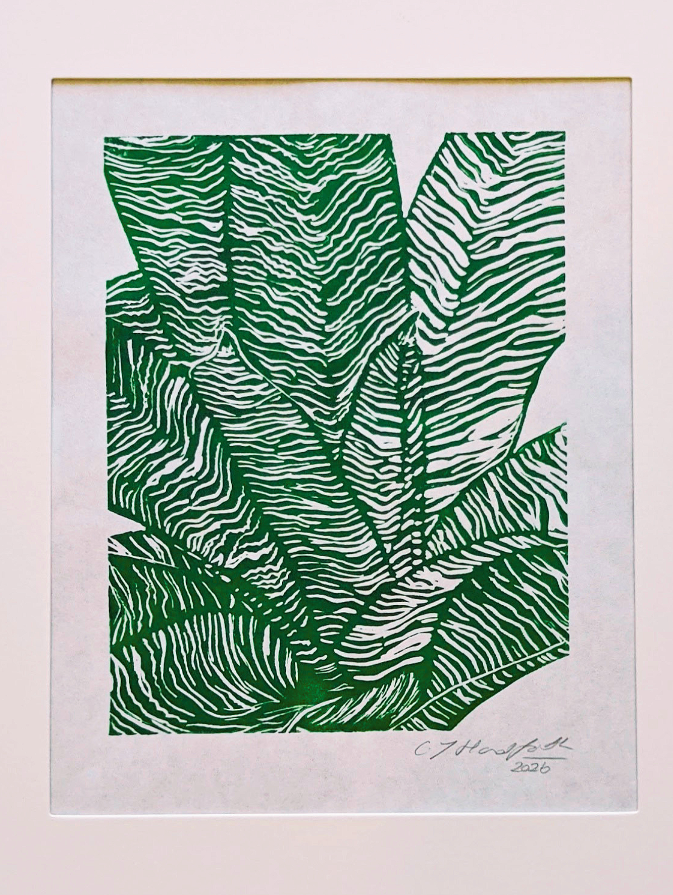 image of mixed media original linocut unframed print with Vriesea hybrid design in green color from Handforth Botanical Studio