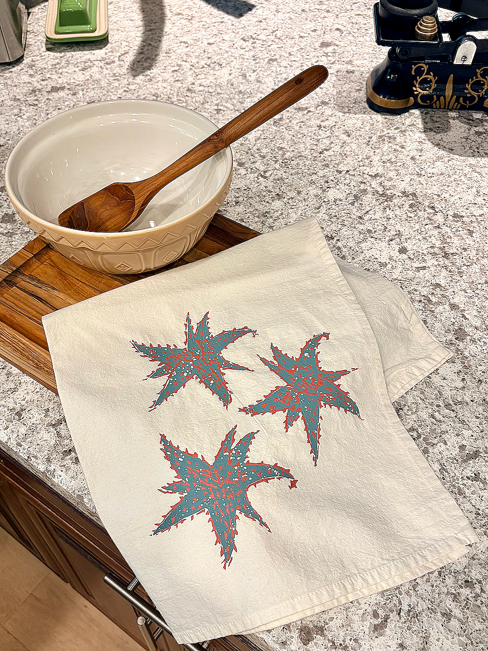 image of cotton tea towel with original Aloe hybrid screen printed design from Handforth Botanical Studio