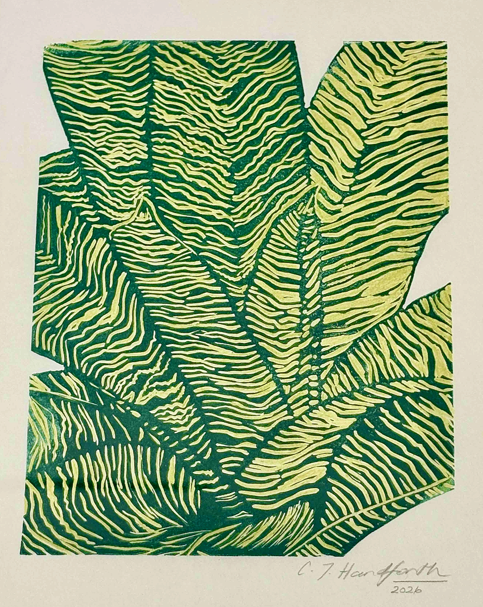 image of mixed media original linocut unframed print with Vriesea hybrid design in green and yellow color from Handforth Botanical Studio