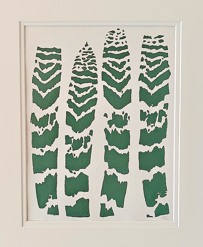 image of original hand screenprint with Vriesea splendens Flaming Sword bromeliad leaves design from Handforth Botanical Studio