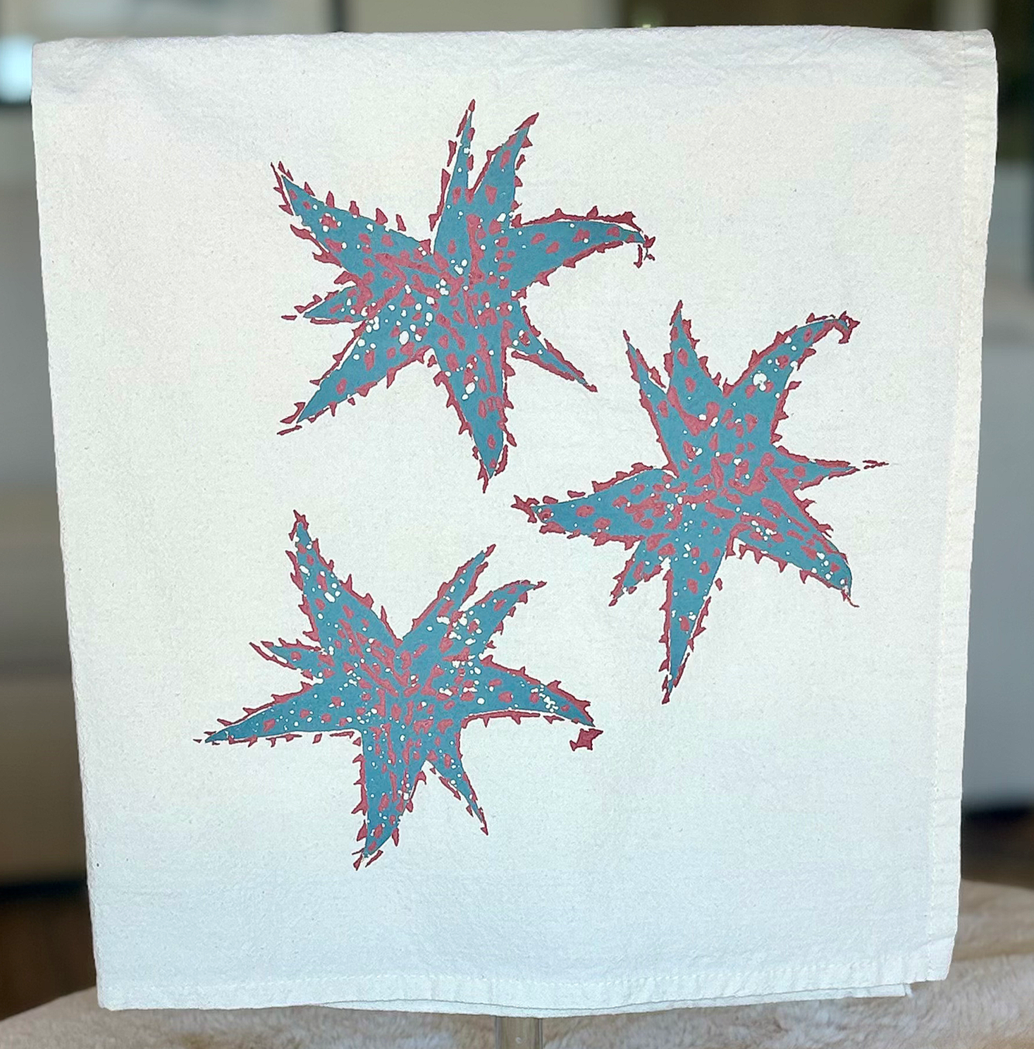 image of cotton tea towel with original Aloe hybrid screen printed design from Handforth Botanical Studio