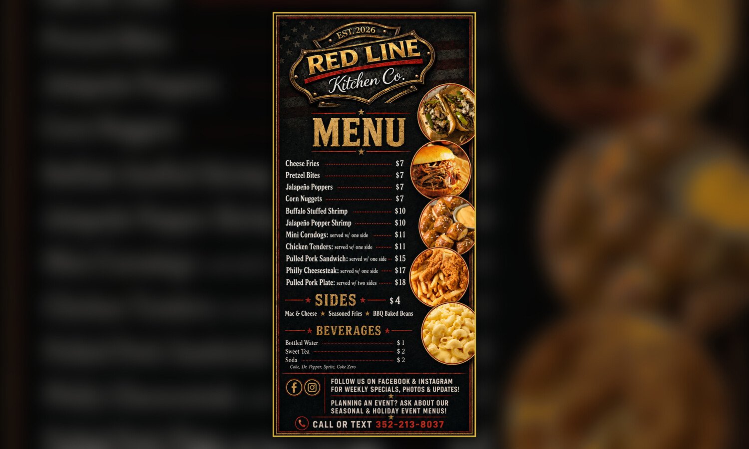 Menu from Red Line Kitchen Co. featuring items like cheese fries, pretzel bites, jalapeño poppers, corn nuggets, buffalo stuffed shrimp, jalapeño popper shrimp, mini corndogs, chicken tenders, pulled pork sandwich, Philly cheesesteak, pulled pork plate, sides, beverages, and contact information.