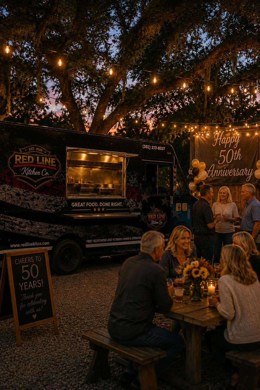 People celebrating an outdoor 50th anniversary party at sunset with string lights, food truck, and decorated area with balloons and a banner.