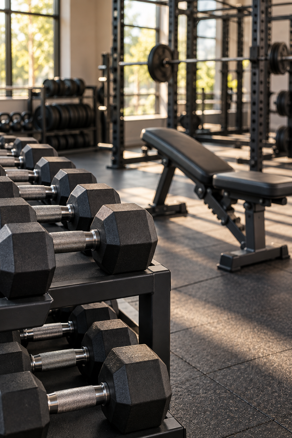 Illustrative gym dumbbells and strength-training equipment