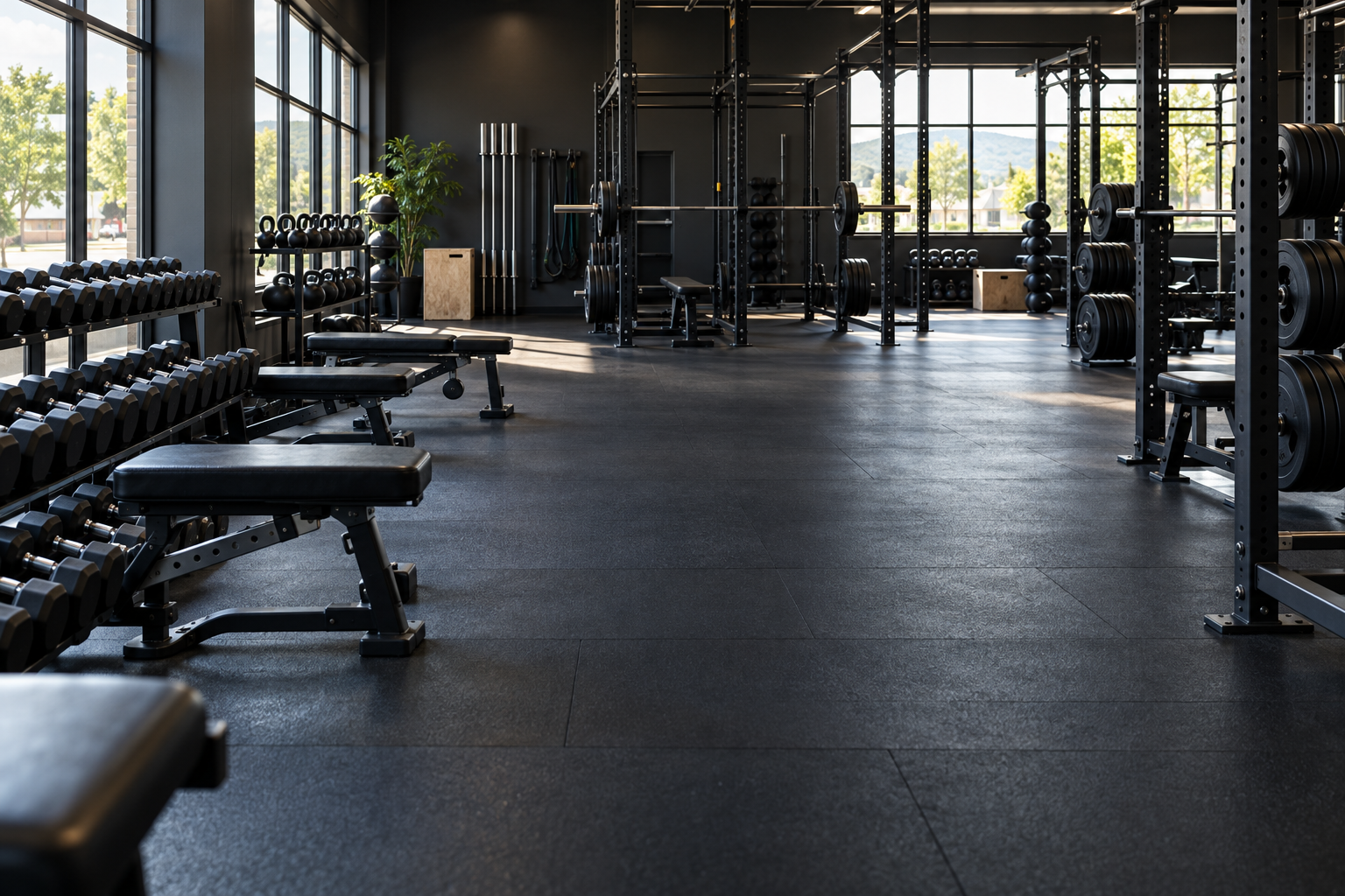 Illustrative strength-training gym with dumbbells, benches, and squat racks
