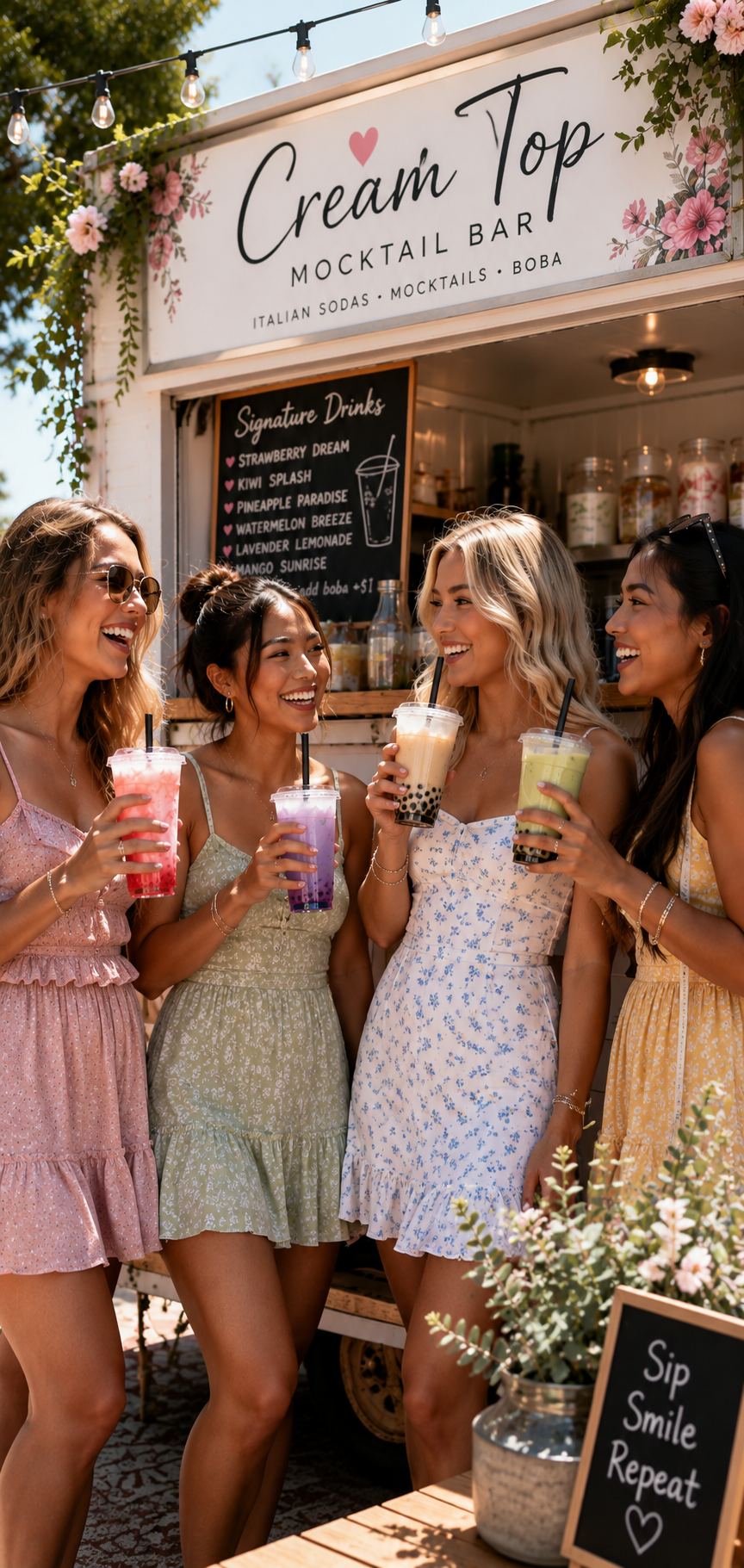 Four women at a colorful outdoor stand called 'Cream Top' enjoying bubble teas and smiling.