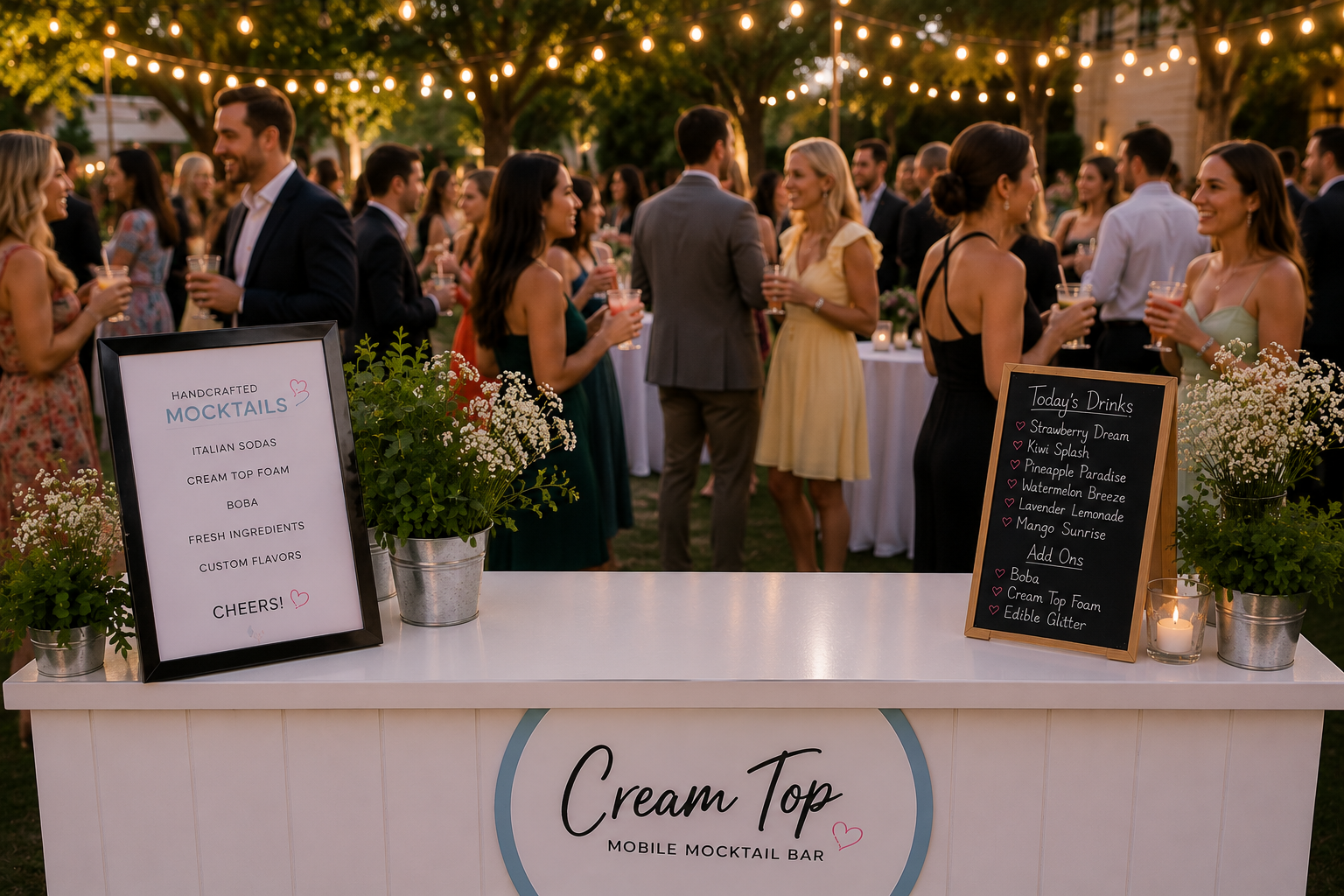Guests at an outdoor wedding or party gather around a mobile cocktail bar called 'Cream Top' decorated with flowers. Men and women are holding drinks and conversing beneath string lights in a garden setting.