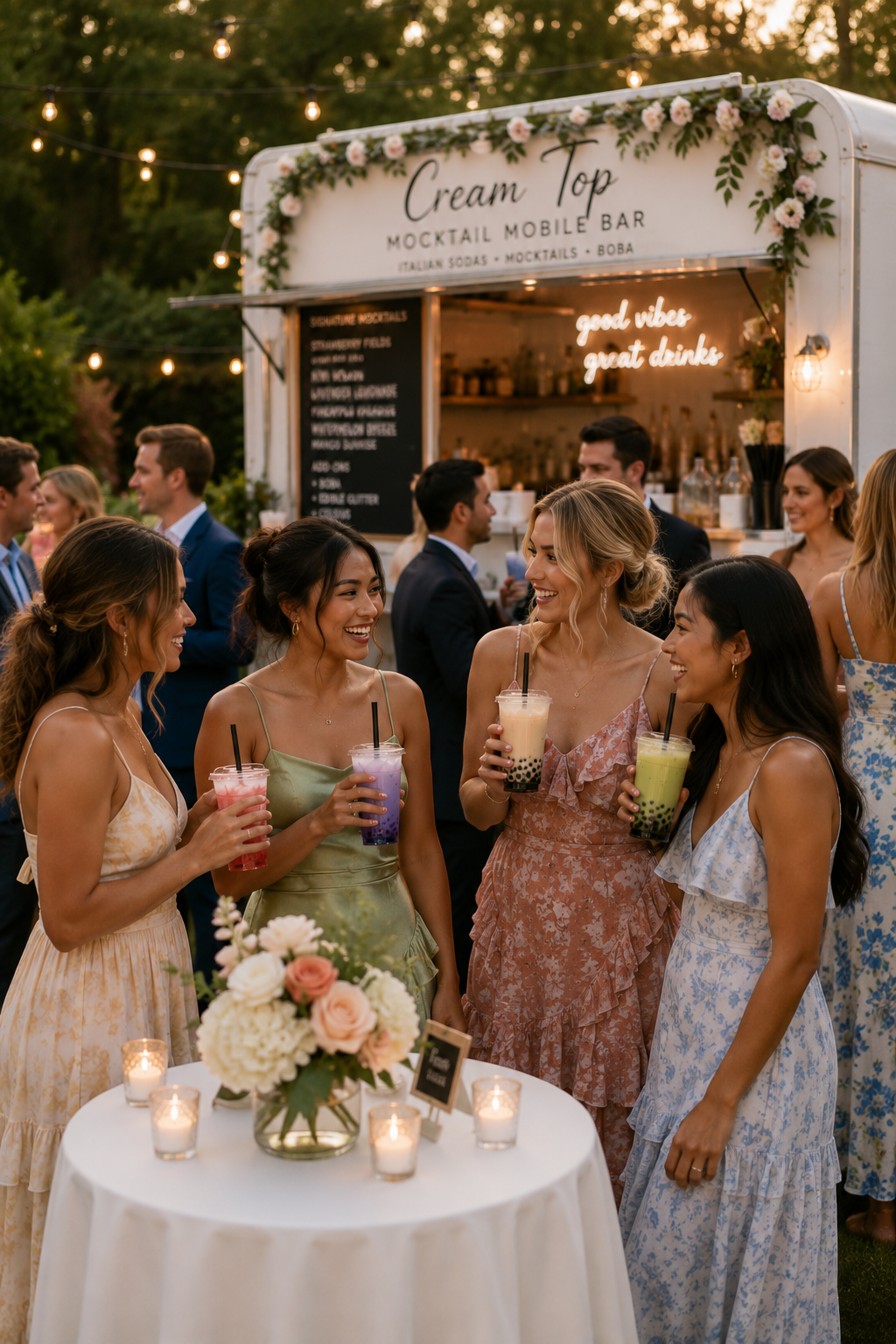 Four women in colorful dresses holding bubble tea drinks, smiling and chatting at an outdoor gathering with a floral ambiance and a drink truck in the background.