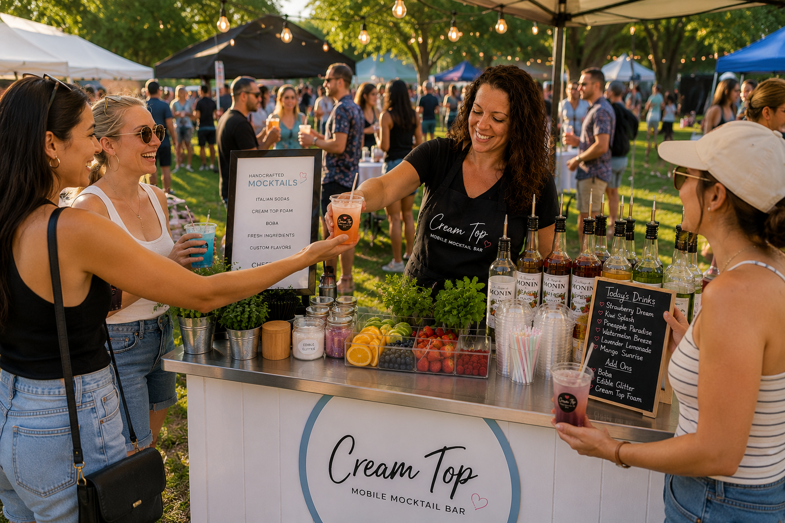 A woman serving colorful fruit drinks at a mobile mocktail bar named "Cream Top" at an outdoor event, with people in the background enjoying the sunny day.