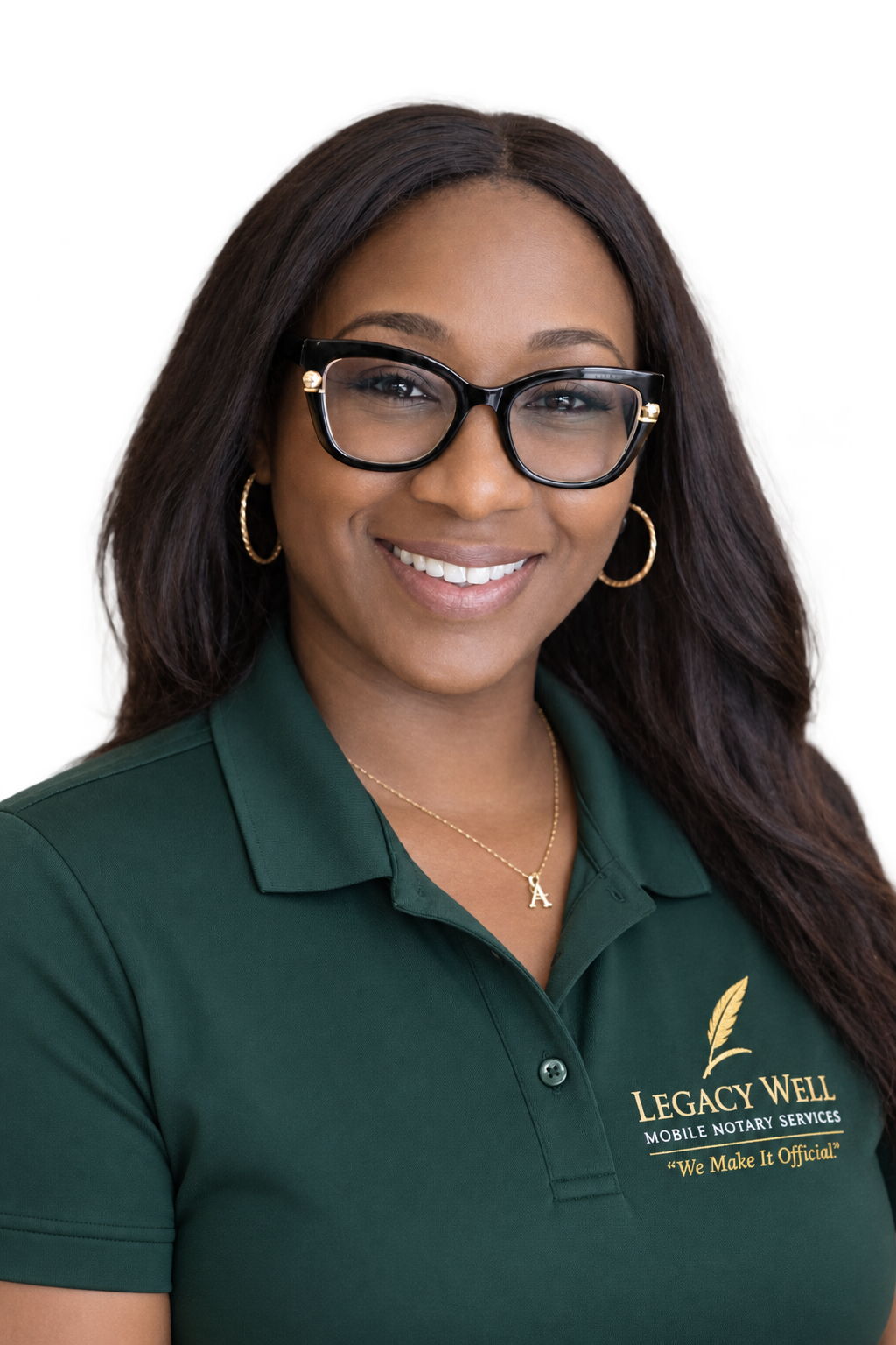 A woman with long dark hair, wearing glasses and gold hoop earrings, smiling in a green polo shirt with the logo 'Legacy Well Mobile Notary Services' and the slogan 'We Make It Official'.