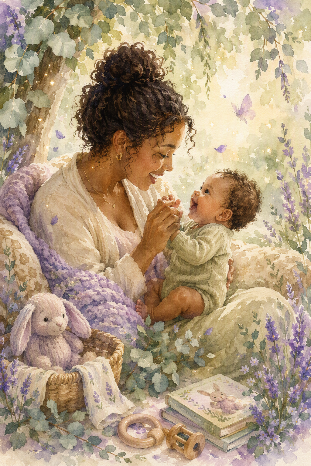 A woman and a baby sitting outdoors among greenery, sharing a joyful moment. The woman has curly hair in a bun and holds a small object, while the baby looks up happily. Nearby are a basket with a plush bunny, a baby blanket, a stack of books with bunny illustrations, and baby toys surrounded by purple flowers and butterflies.