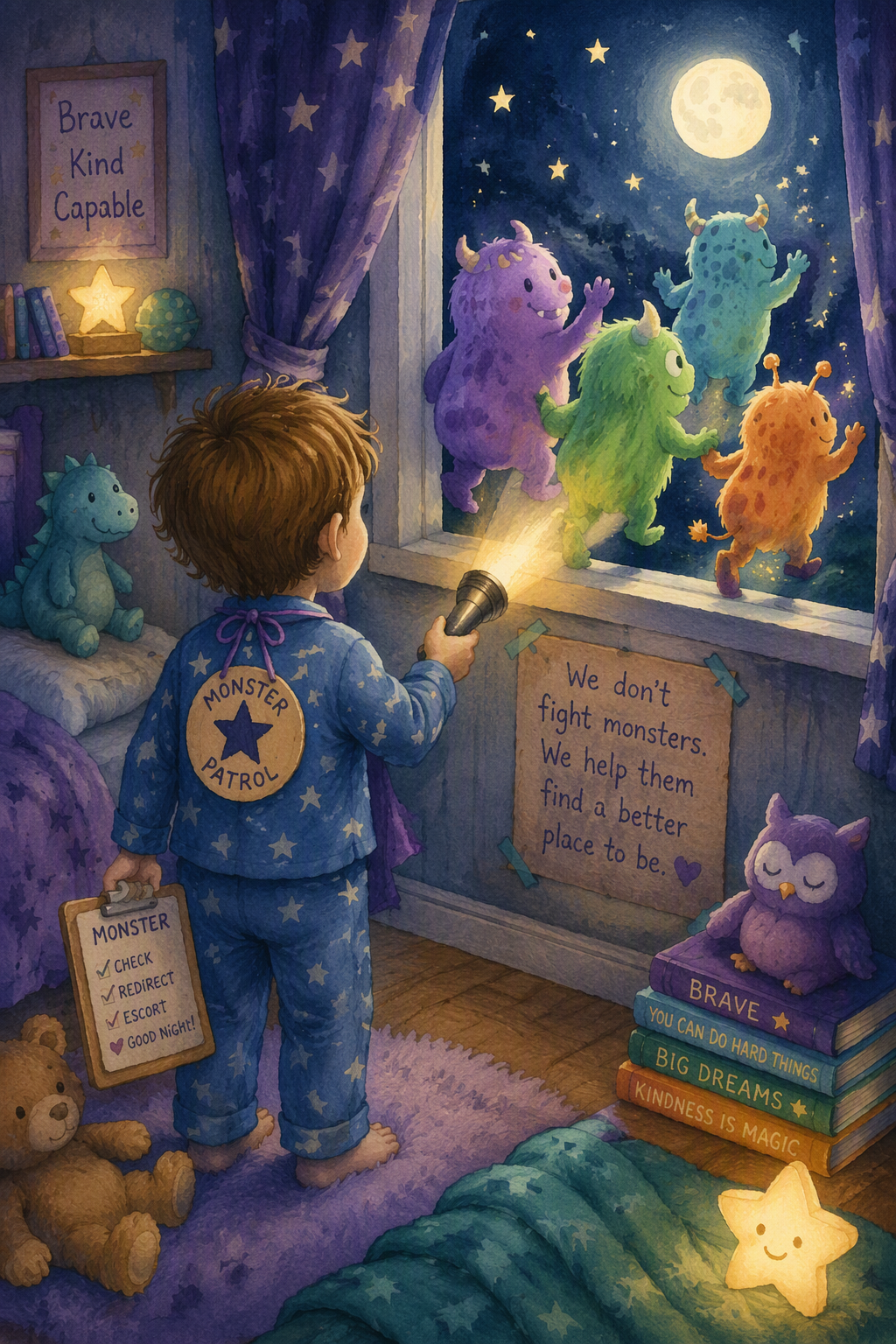 A child in pajamas labeled 'Monster Patrol' is standing in a bedroom, shining a flashlight out the window at colorful friendly monster characters walking across the night sky. The room has stuffed animals, a bookshelf, and a poster that says 'Brave Kind Capable.' There is a sign on the wall saying, 'We don't fight monsters. We help them find a better place to be.'