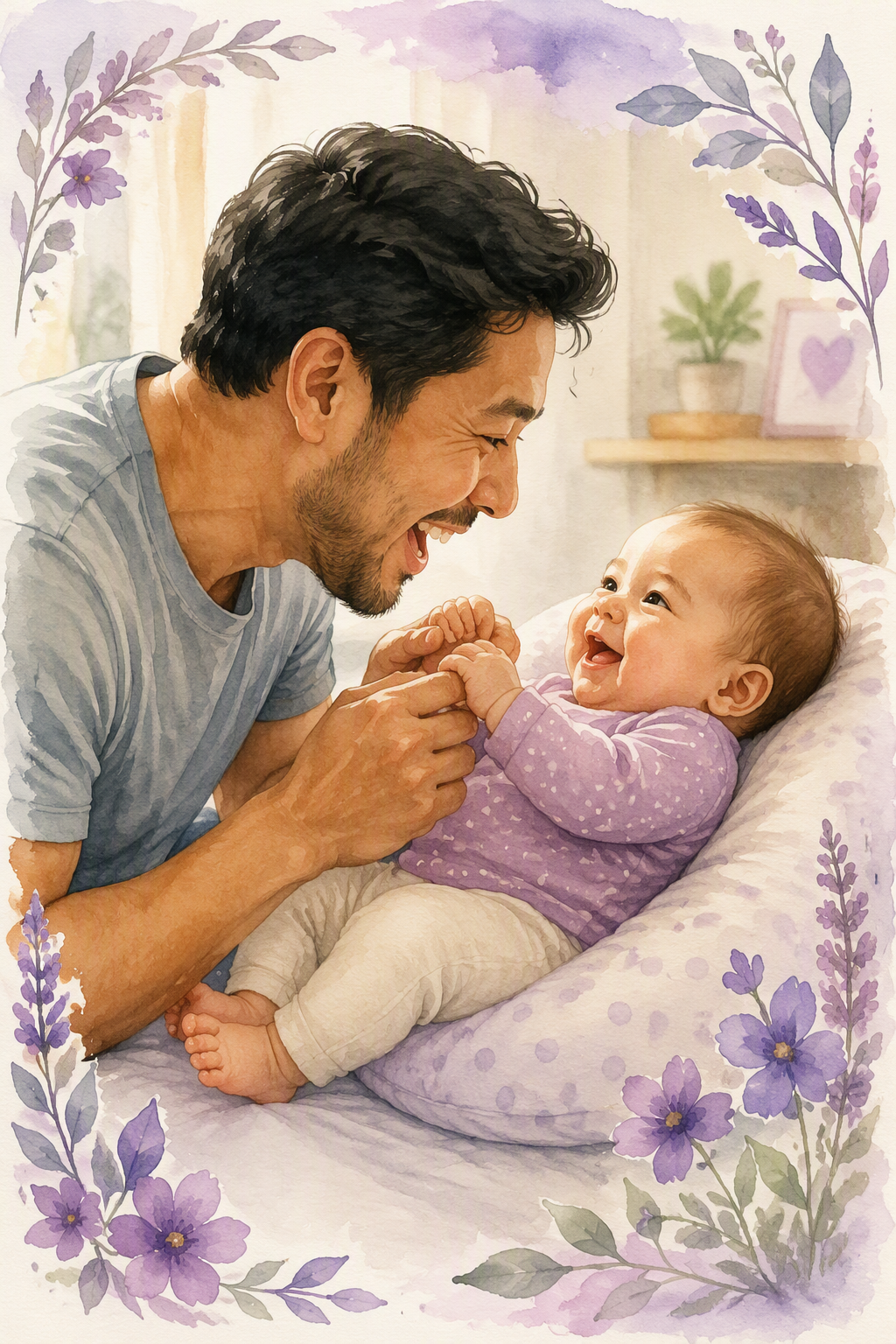 A father and his baby girl sharing a joyful moment. The father is leaning towards the girl, holding her hands, both are smiling and looking at each other, with a decorated room in the background.