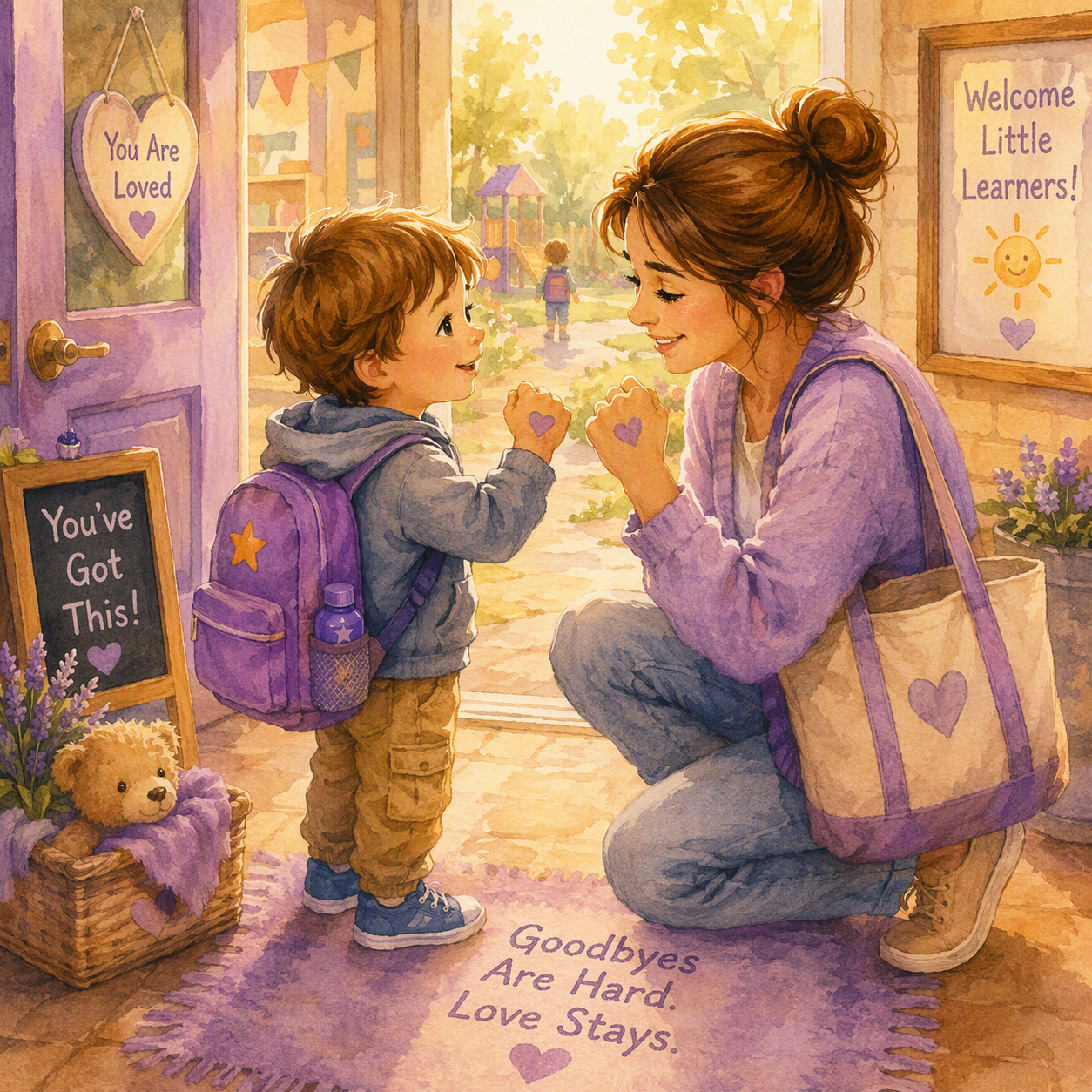 A young boy and woman, possibly a teacher or parent, at school entrance, displaying purple heart stickers on fists. The scene shows warm, welcoming light, a purple door with a 'You've Got This!' sign, and signs that say 'You Are Loved' and 'Welcome Little Learners!'. The boy has a purple backpack, and the woman kneels at his level with a caring expression. There is a framed quote on the floor reading 'Goodbyes Are Hard. Love Stays.', a basket with a teddy bear, and purple flowers outside.