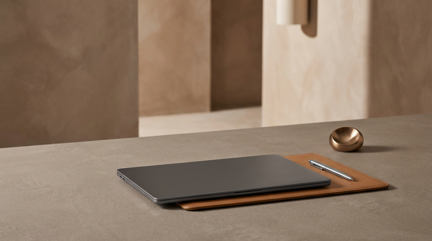 A closed black laptop, a silver pen on a brown leather desk mat, and a small metallic bowl on a beige surface.