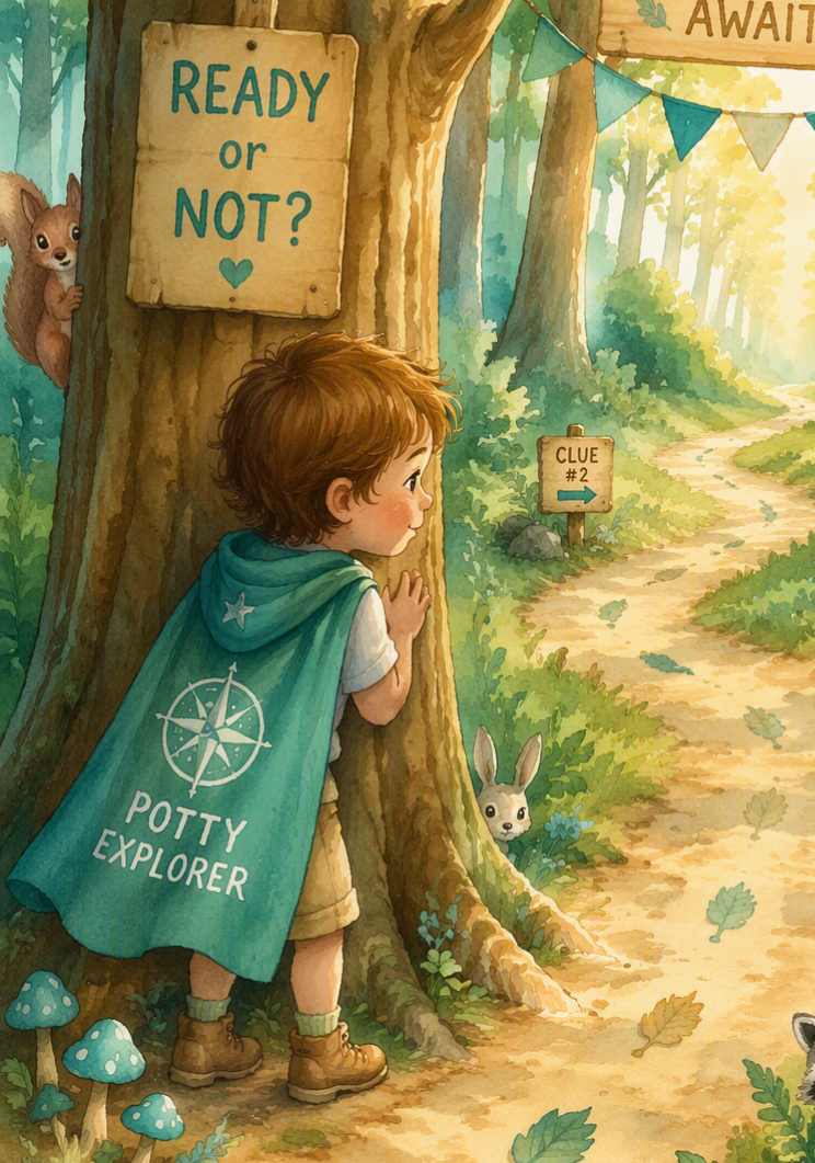 A young boy with a cape labeled 'Potty Explorer' peeking around a tree in a forest, playfully waiting for a clue on a trail marked 'Clue #2,' surrounded by animals like a squirrel, a rabbit, and mushrooms.