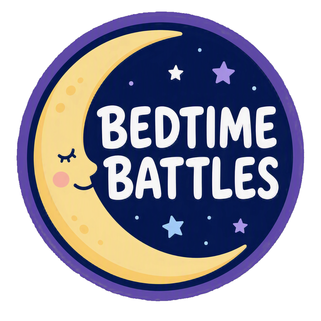 A circular emblem with a yellow crescent moon with a sleeping face and closed eye, stars, and the text 'Bedtime Battles' on a dark blue background.