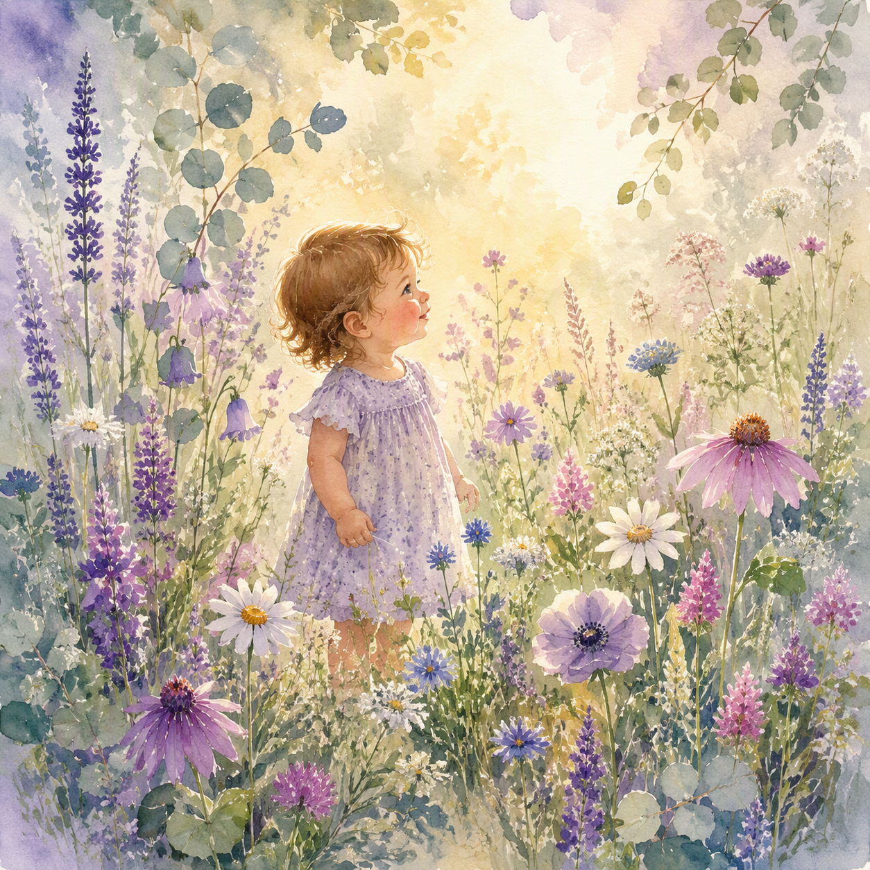 A young girl with curly hair in a purple dress standing among colorful wildflowers, gazing upward with a gentle expression in a sunlit meadow.