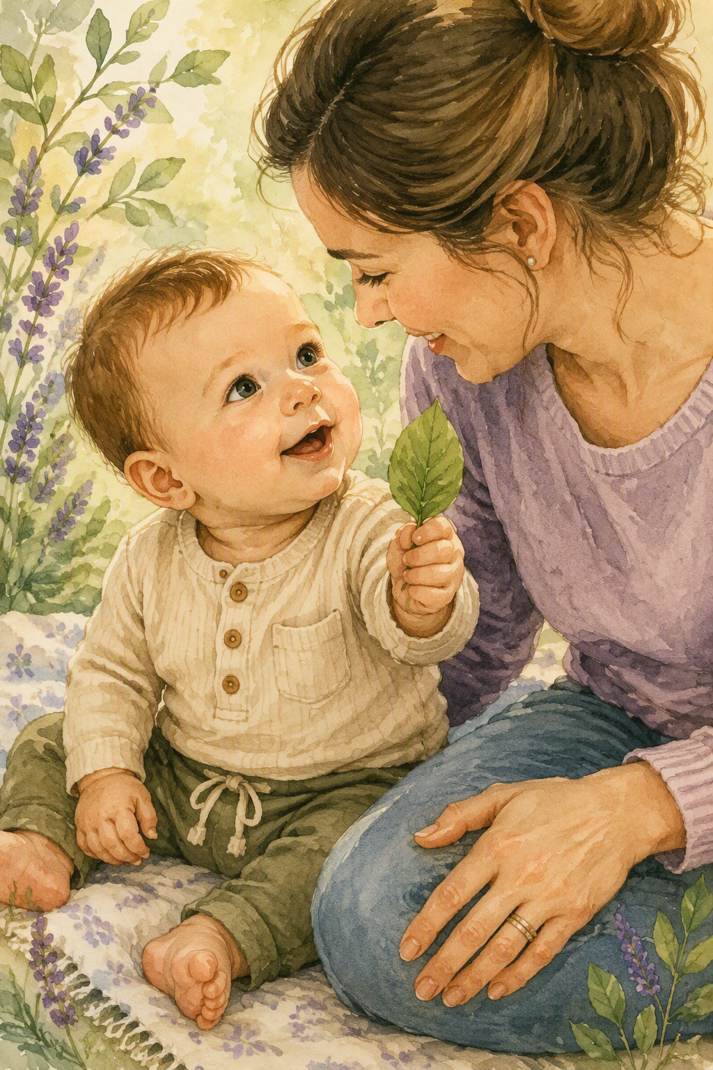 A watercolor painting of a smiling baby holding a green leaf, sitting on a blanket with purple flowers, while a woman, likely the mother, gazes fondly at the baby.