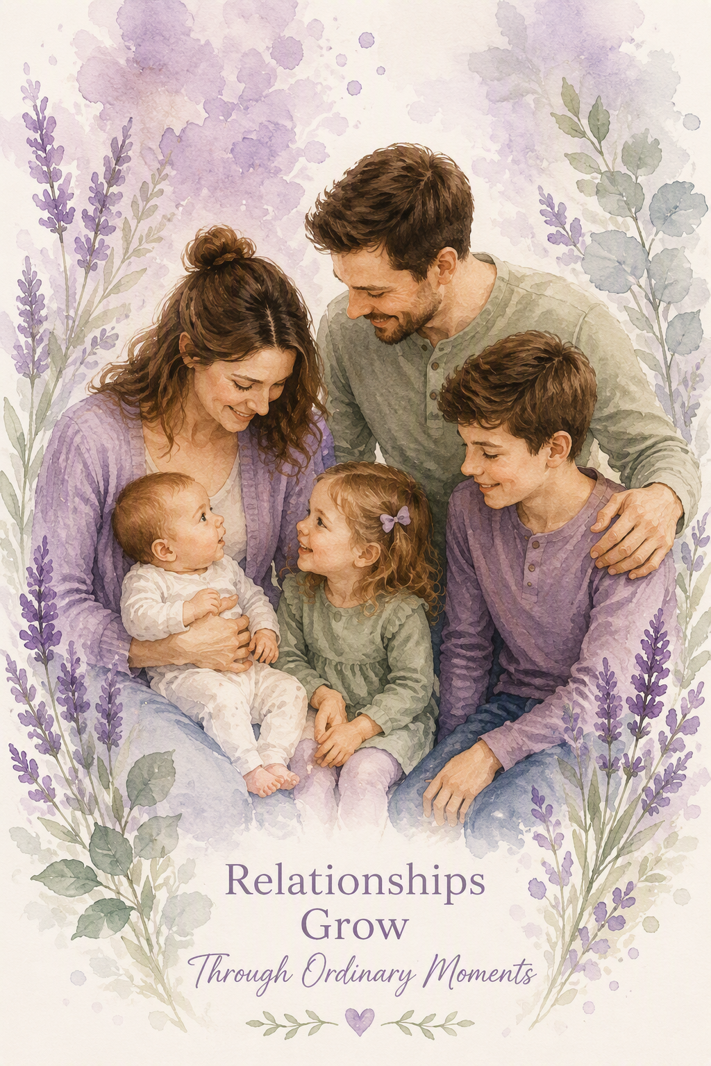 A watercolor illustration of a family with four members, including two children and two adults, surrounded by lavender flowers. The family is smiling and interacting closely, creating an impression of warmth and love. The image contains text that reads "Relationships Grow Through Ordinary Moments".