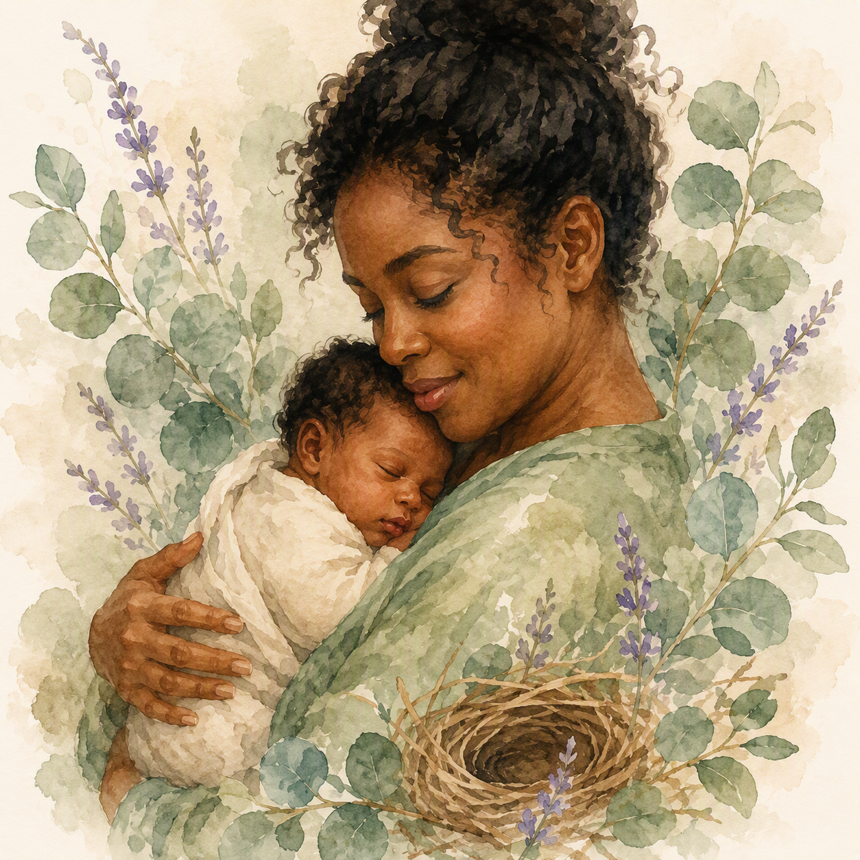 A watercolor painting of a mother holding her sleeping baby with a background of leafy branches and a bird's nest.