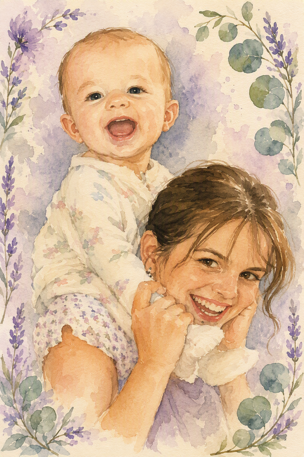 A watercolor painting of a toddler riding on the shoulders of a smiling woman, with lavender and green foliage border.