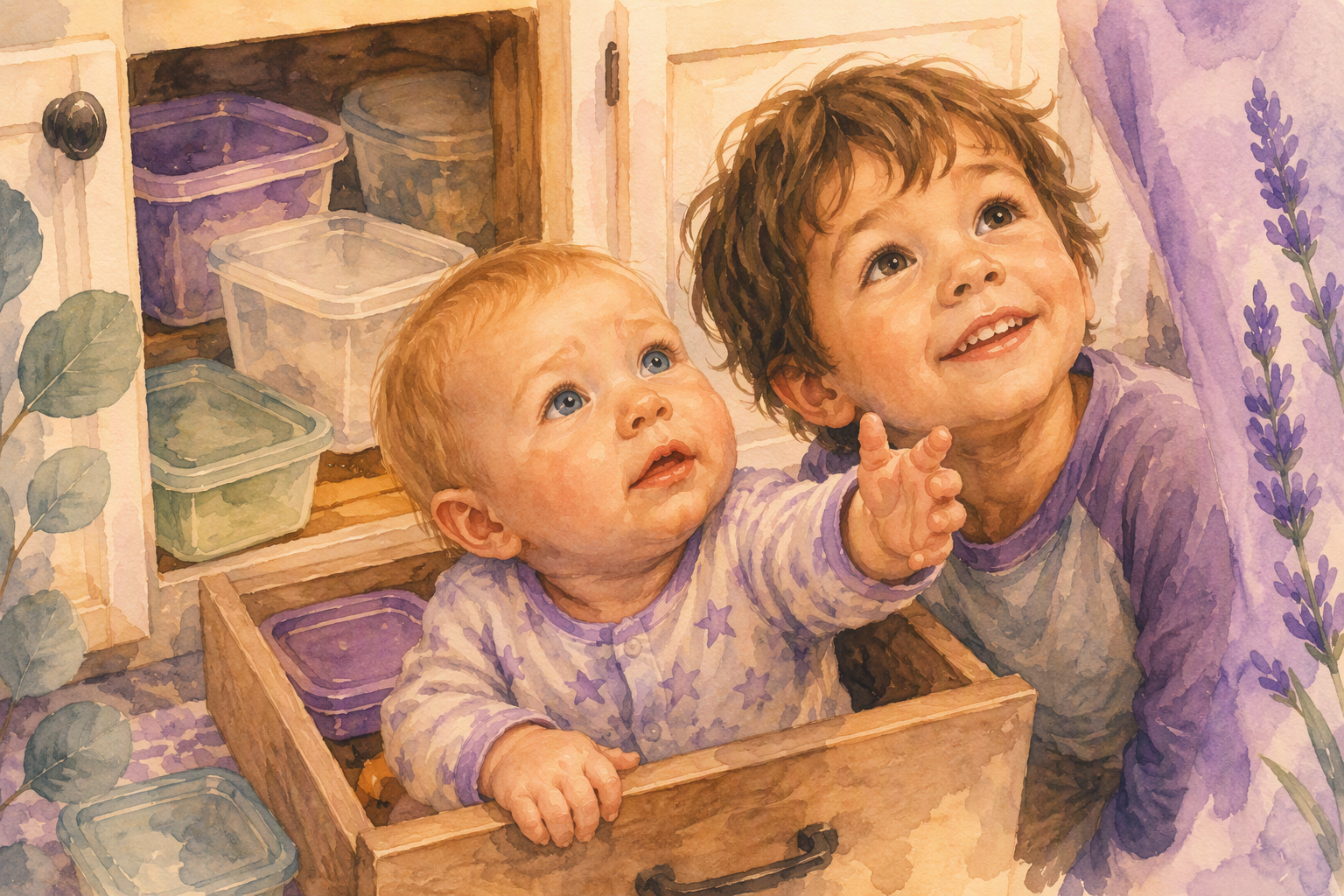 A watercolor painting of two young children inside a drawer, looking up with curious expressions. The older child has dark, curly hair and wears a purple shirt, while the younger with fair hair and blue eyes wears pajamas with purple stars. Behind them is a kitchen cupboard with clear plastic containers and lavender flowers on the side.
