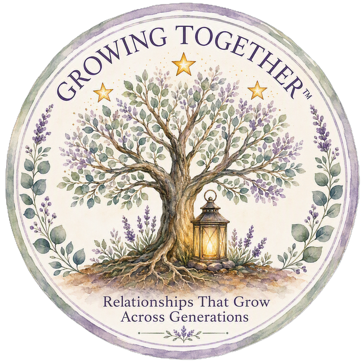 A decorative circular design featuring a large tree with purple leaves, surrounded by lavender sprigs and gold stars, with the text 'Growing Together' at the top and 'Relationships That Grow Across Generations' at the bottom.