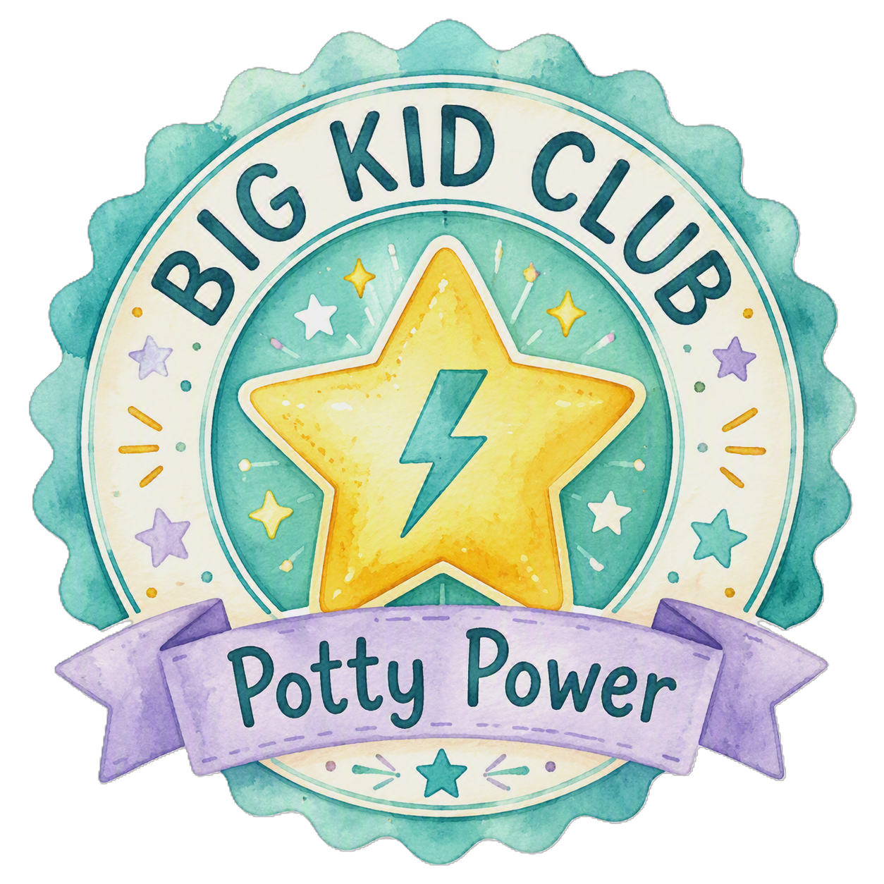 A colorful badge with a yellow star featuring a lightning bolt symbol in the center. The badge reads 'Big Kid Club' at the top and has a purple ribbon at the bottom that says 'Potty Power.'