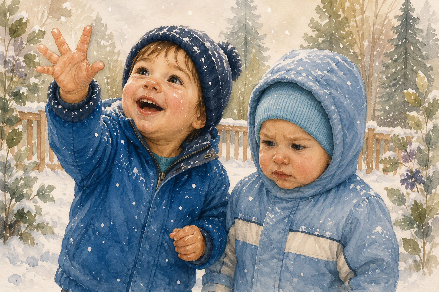 Two young children in winter jackets and hats playing in the snow, one smiling and reaching upwards, the other looking serious, with a snowy backyard and trees in the background.