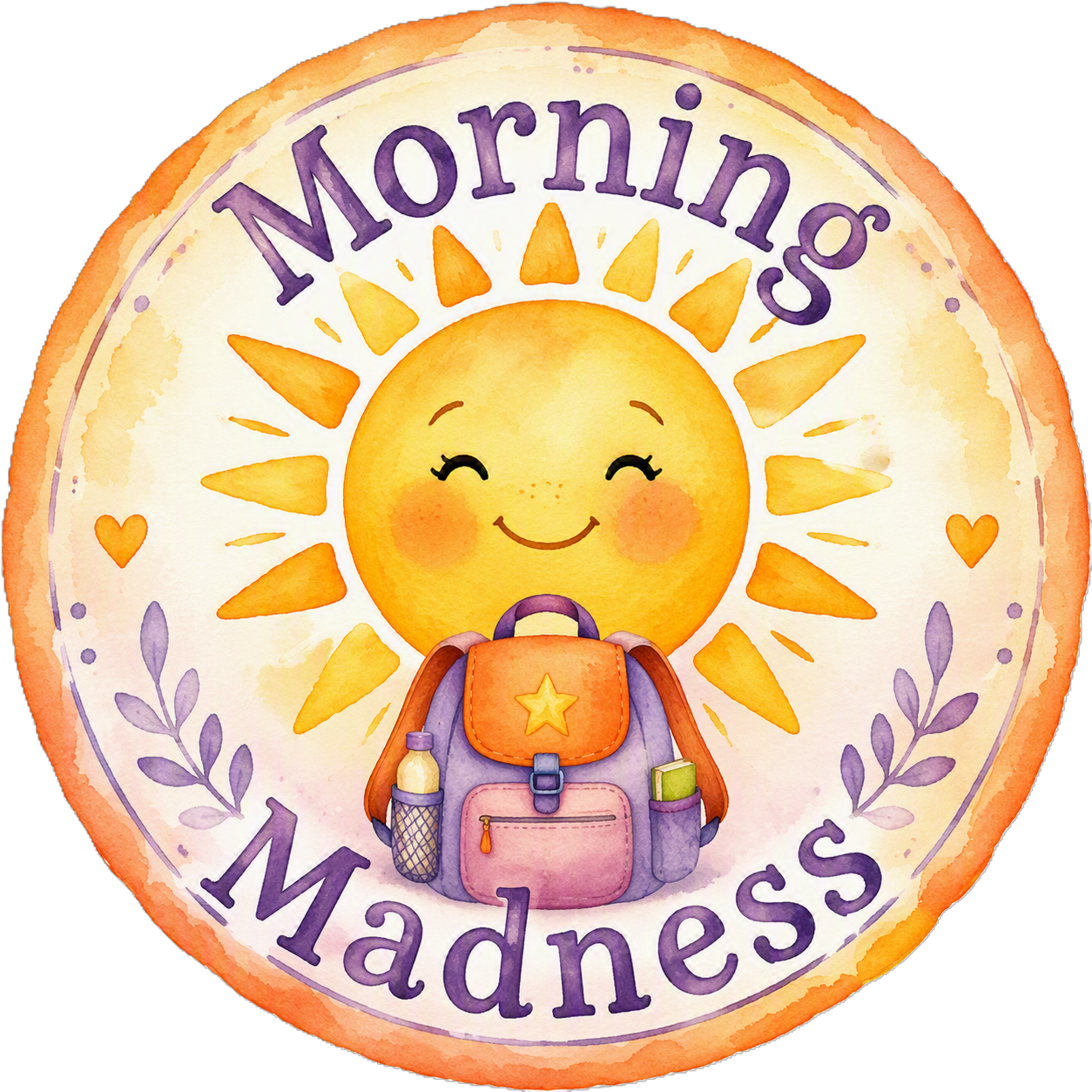 A round badge with a smiling sun and the words 'Morning Madness' written around it. The sun has a face, and a backpack with water bottles and a book is in front of it, all in pastel watercolor style.